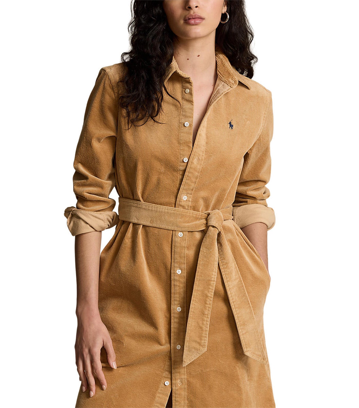 Women's Belted Corduroy Shirtdress Camel