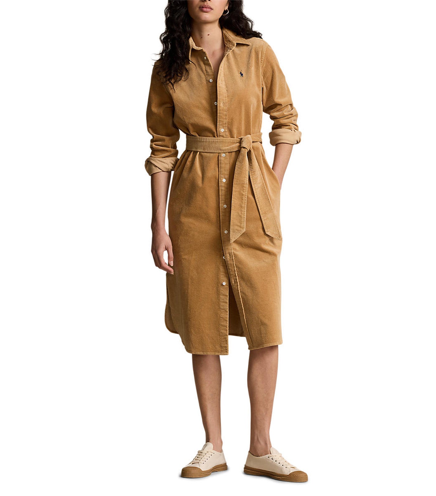 Women's Belted Corduroy Shirtdress Camel