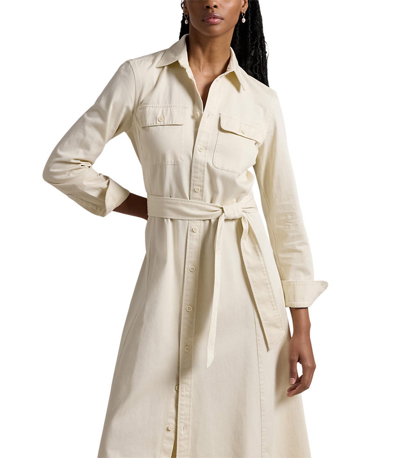 Women's Belted Cotton Twill Shirtdress Vanilla Cream