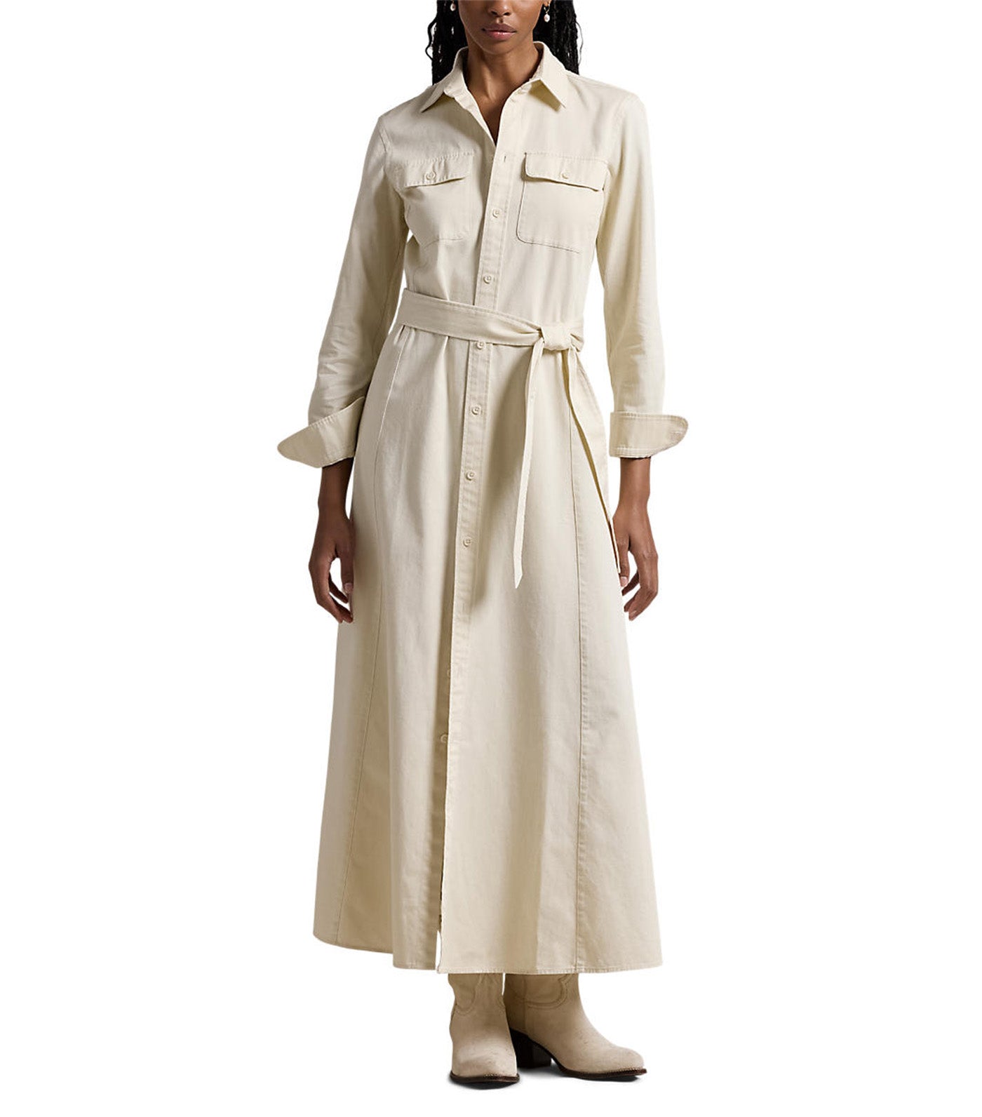 Women's Belted Cotton Twill Shirtdress Vanilla Cream