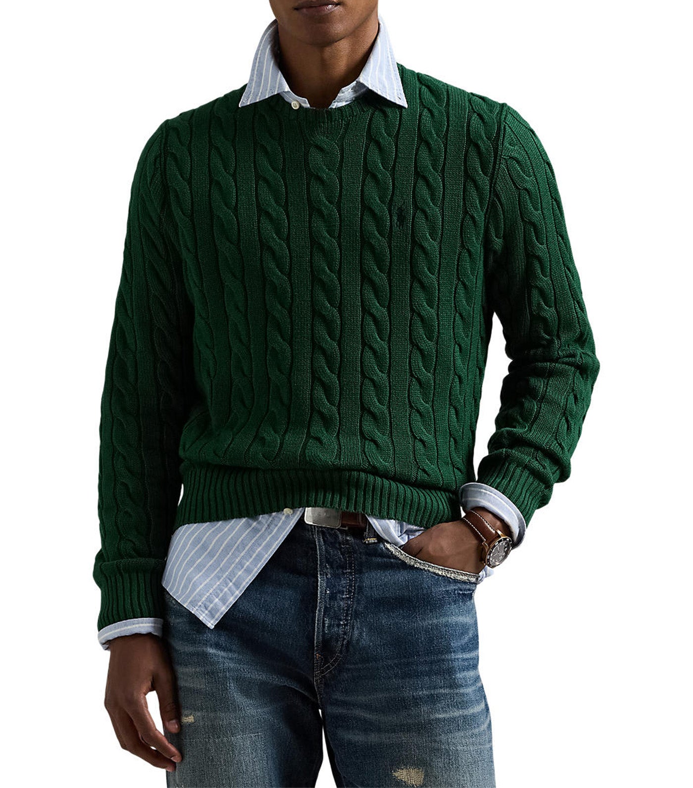 Men's Cable-Knit Cotton Sweater Vintage Pine