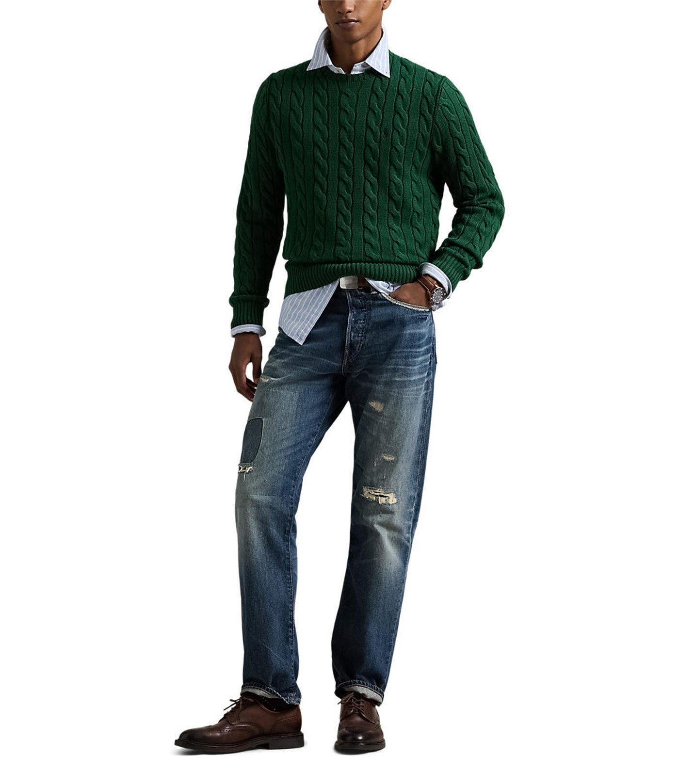 Men's Cable-Knit Cotton Sweater Vintage Pine