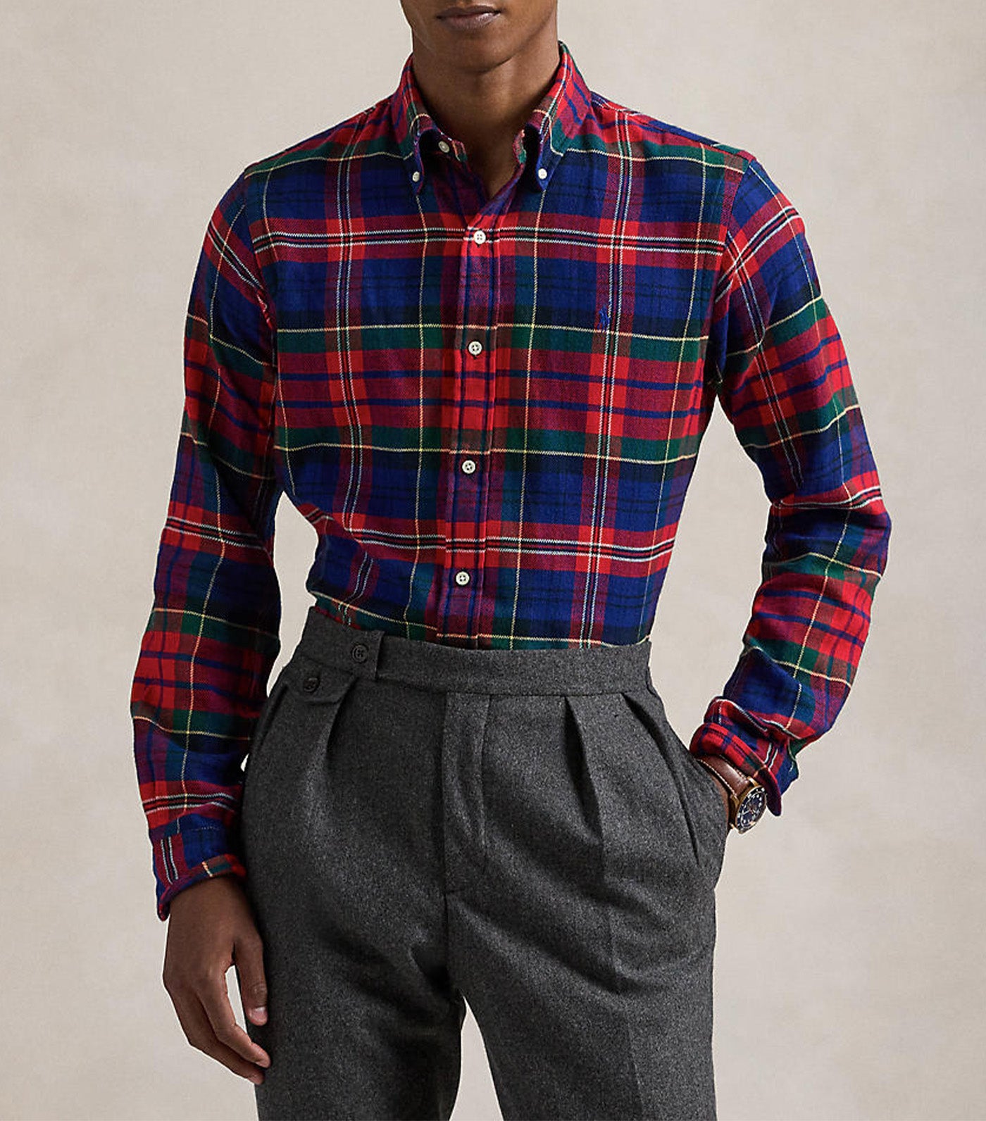 Men's Classic Fit Plaid Brushed Flannel Shirt Royal Red Multi