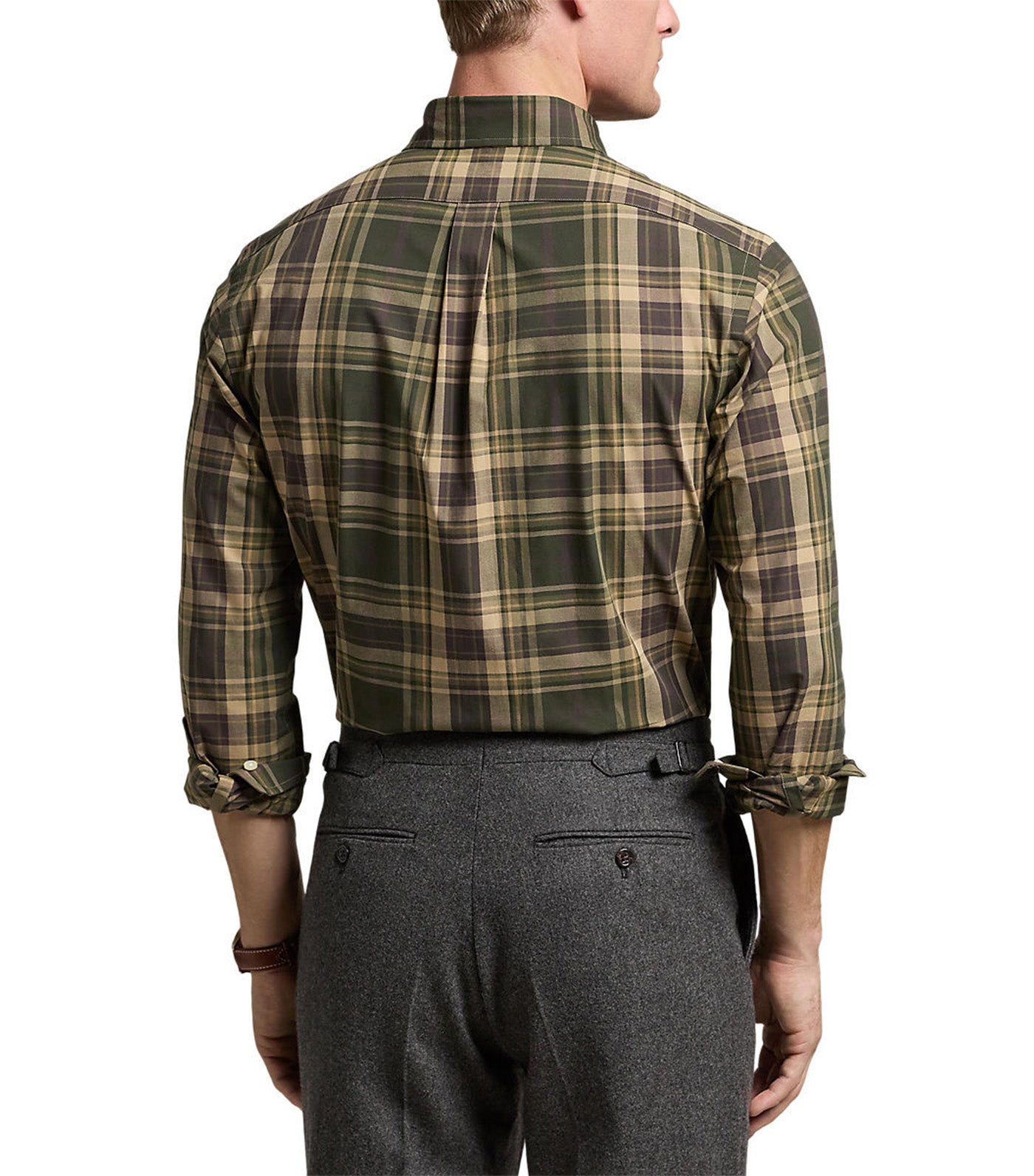 Men's Custom Fit Plaid Stretch Poplin Shirt Green Multi