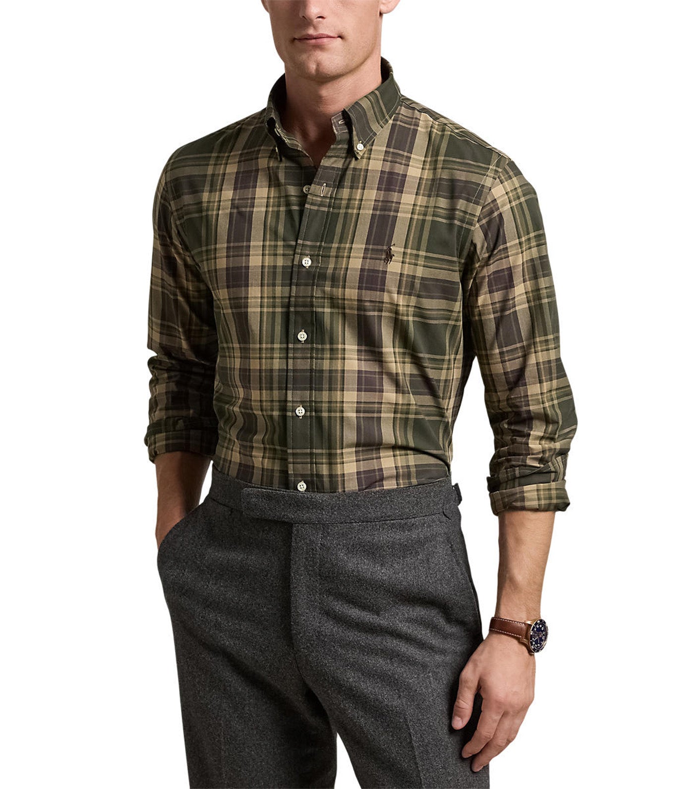 Men's Custom Fit Plaid Stretch Poplin Shirt Green Multi