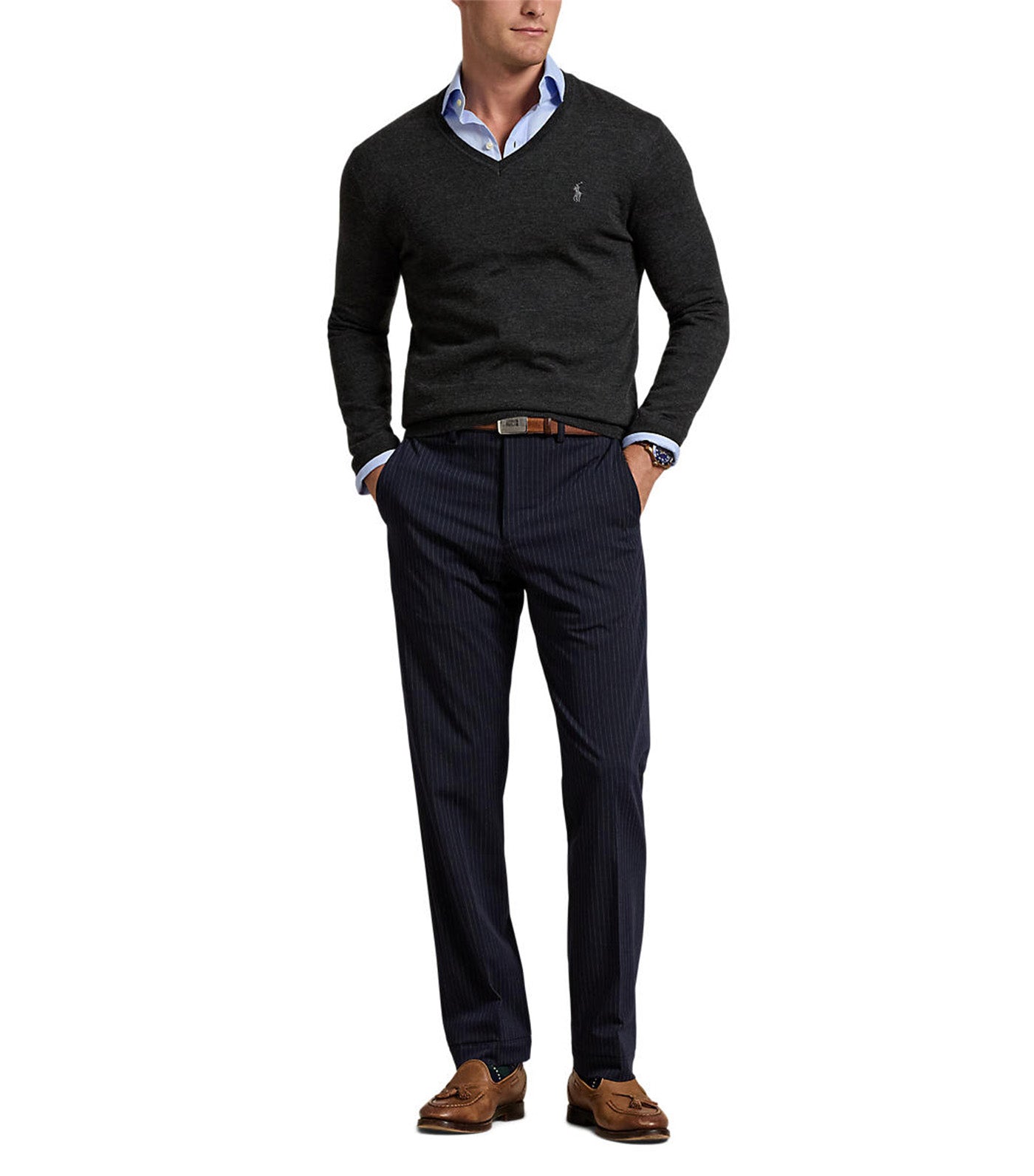 Men's Slim Fit Performance Twill Pant Navy Pinstripe