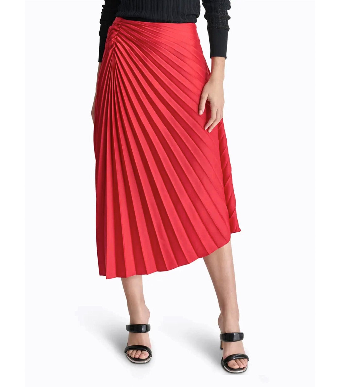 Asymmetric Pleated Satin Skirt Red