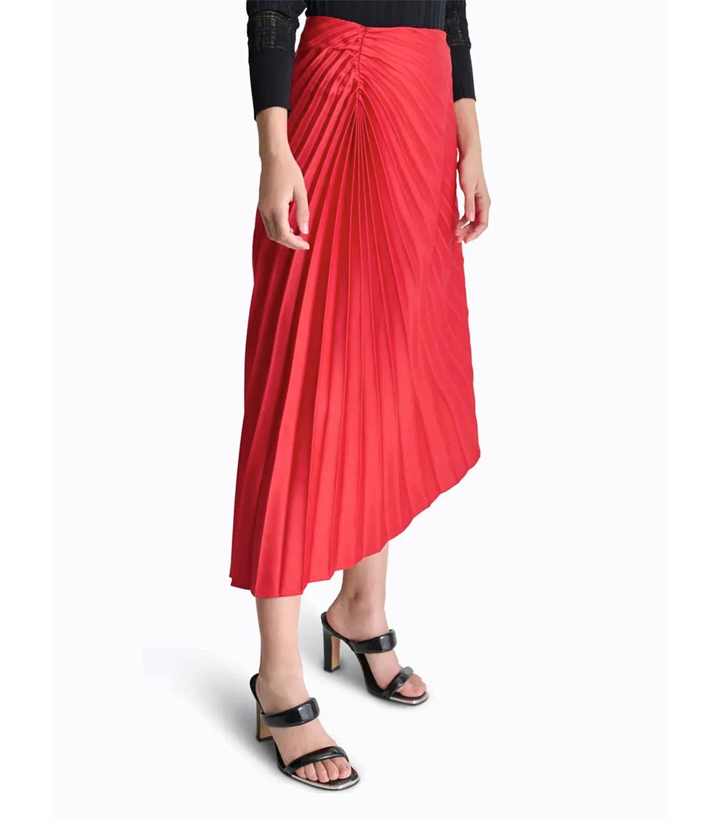 Asymmetric Pleated Satin Skirt Red