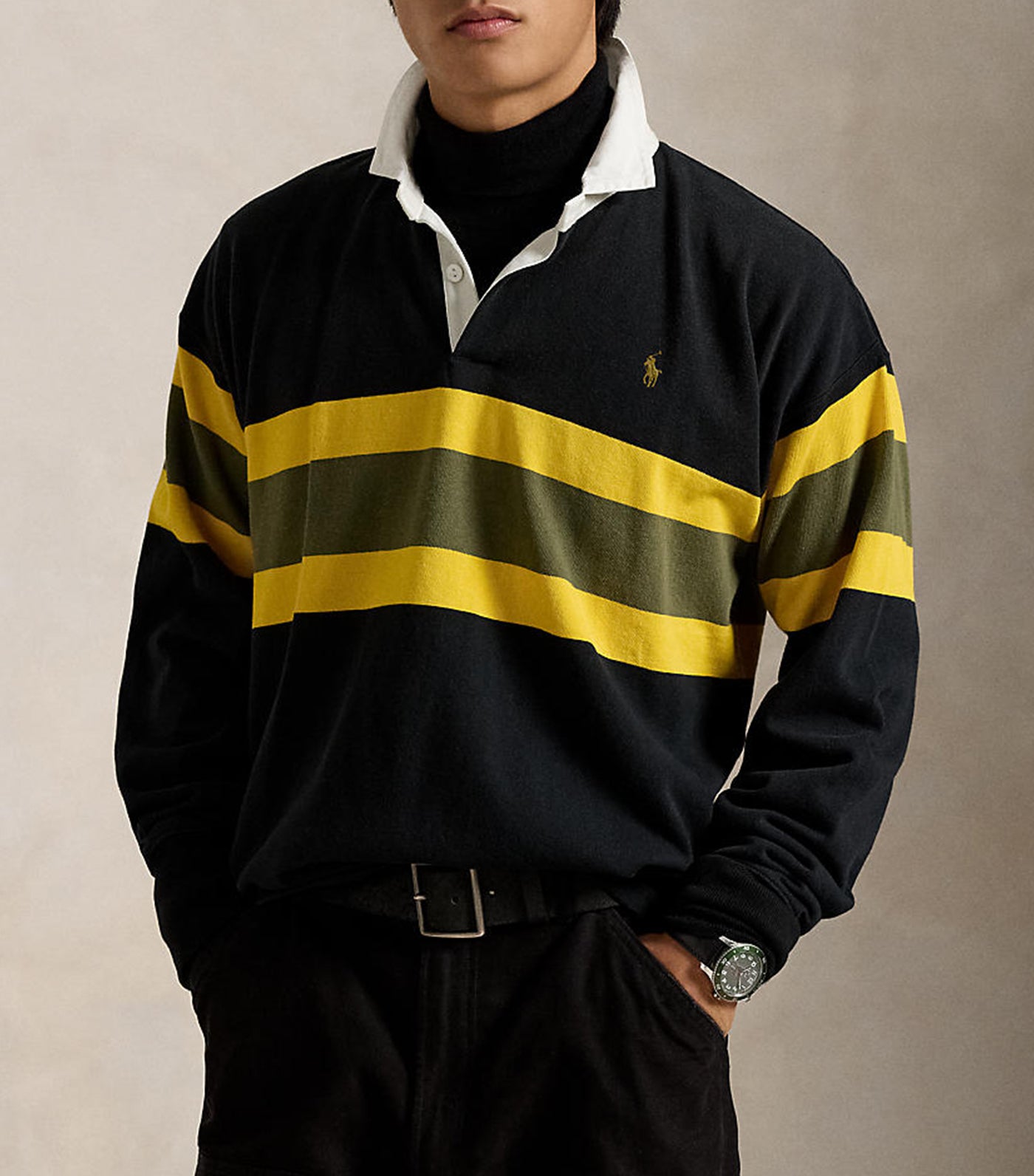 Men's Classic Fit Striped Jersey Rugby Shirt Polo Black Multi
