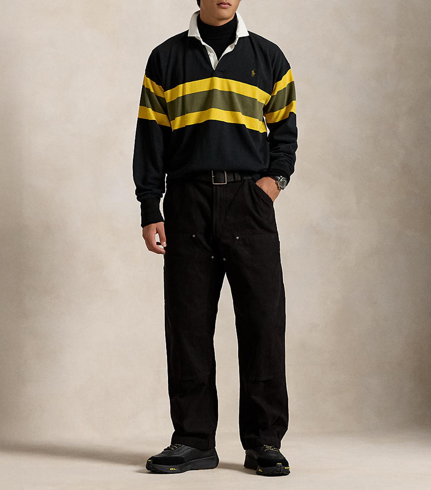 Men's Classic Fit Striped Jersey Rugby Shirt Polo Black Multi
