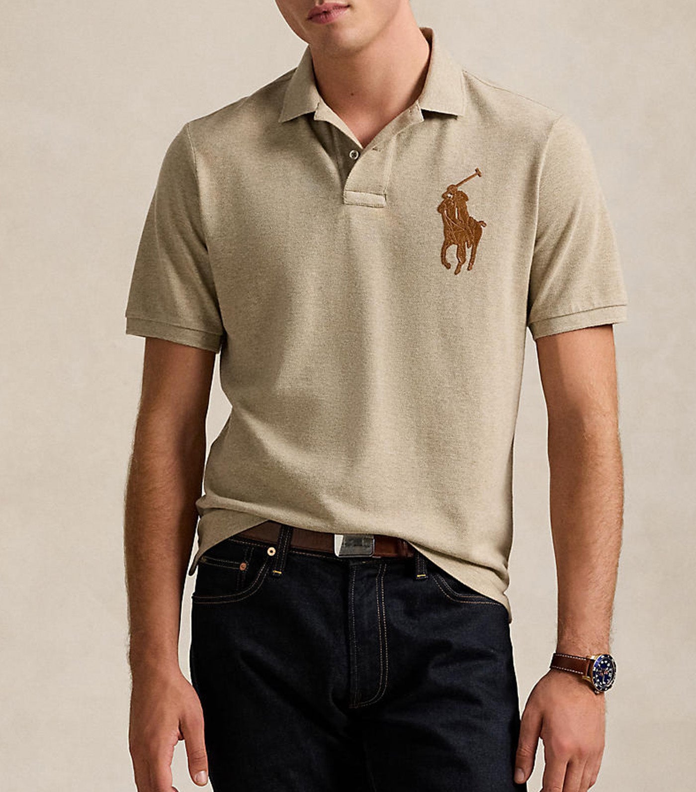 Men's Classic Fit Leather-Pony Mesh Polo Shirt Tuscan Beige Heather