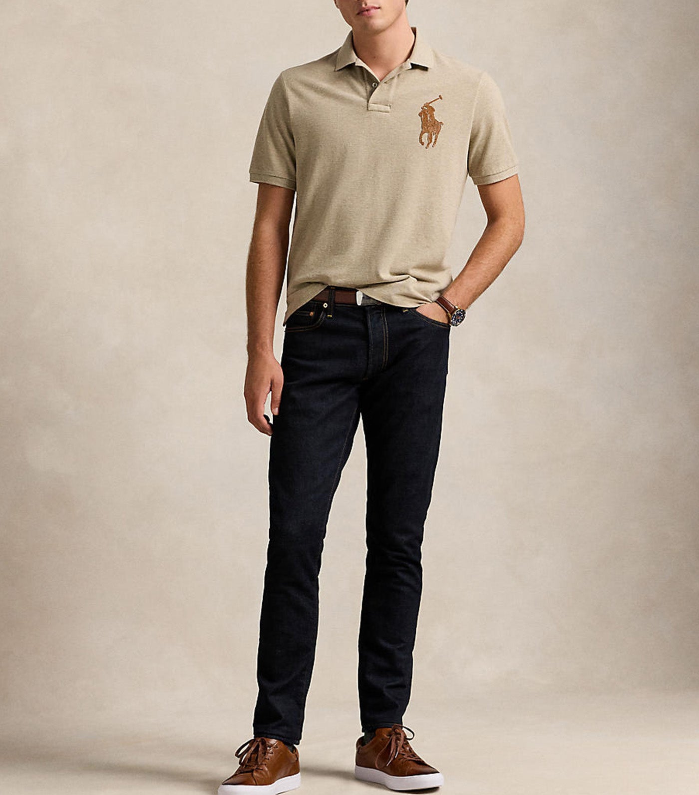 Men's Classic Fit Leather-Pony Mesh Polo Shirt Tuscan Beige Heather