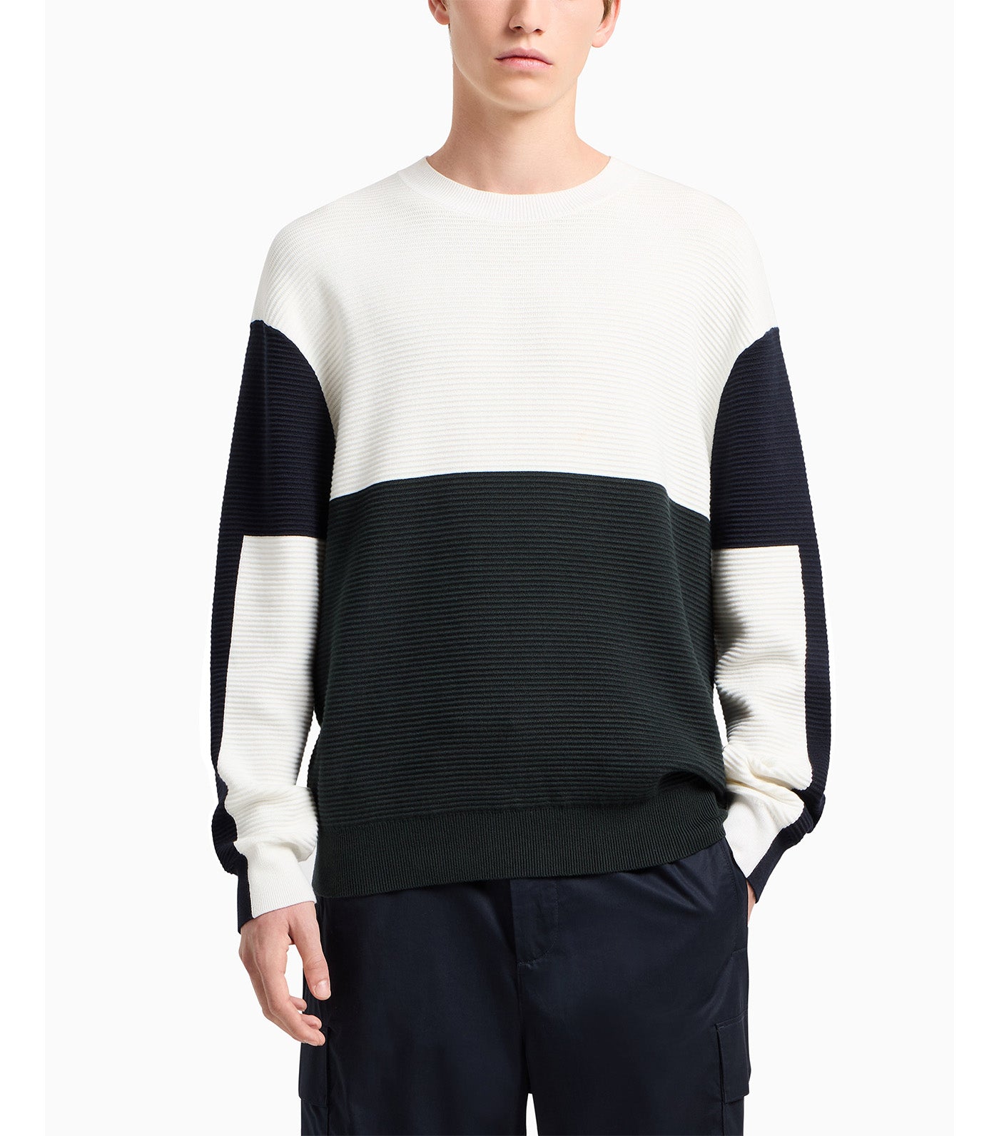 Color Block Ribbed Crew Neck Sweater Off White/Jet Set/Deep Navy