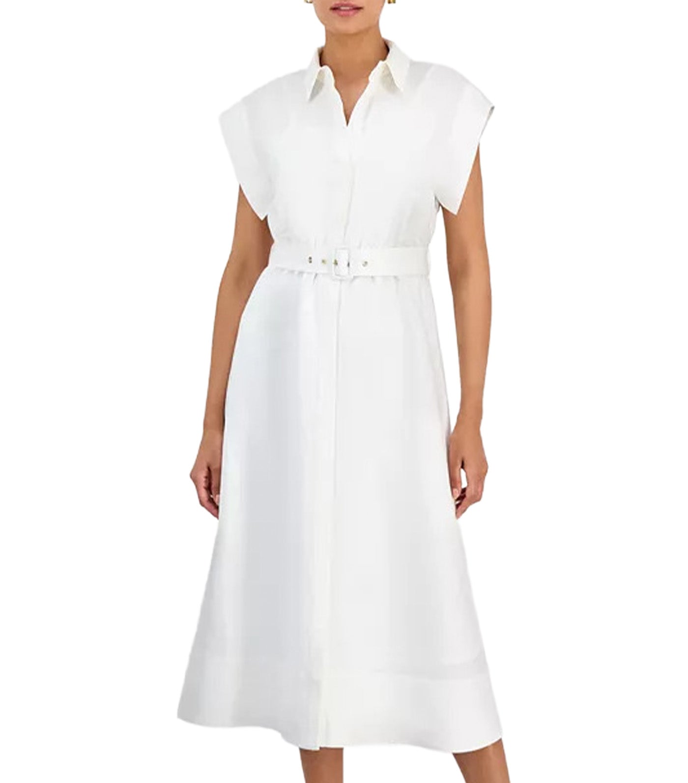 Women's Belted Drop-Sleeve Shirtdress Bright White