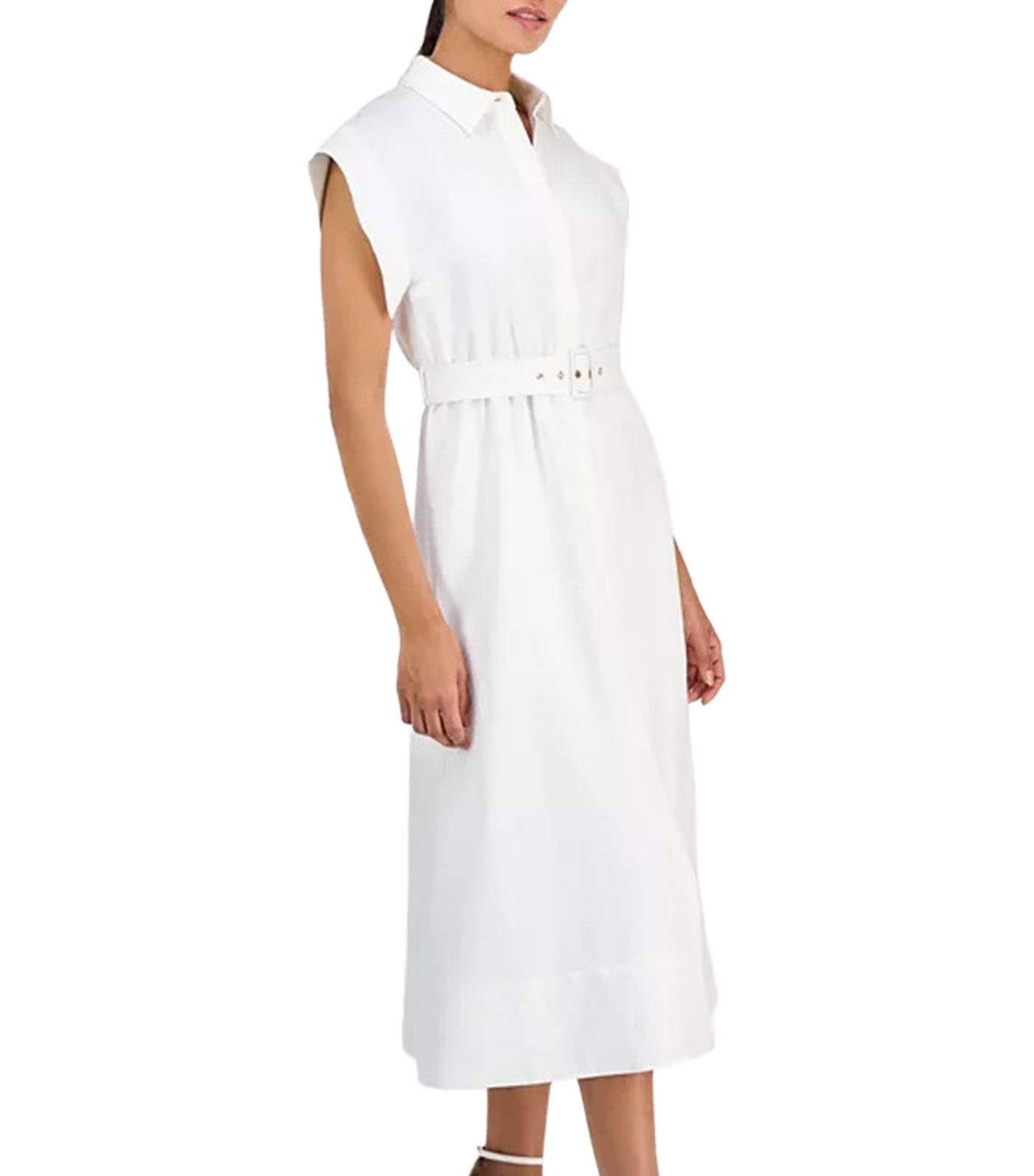 Women's Belted Drop-Sleeve Shirtdress Bright White