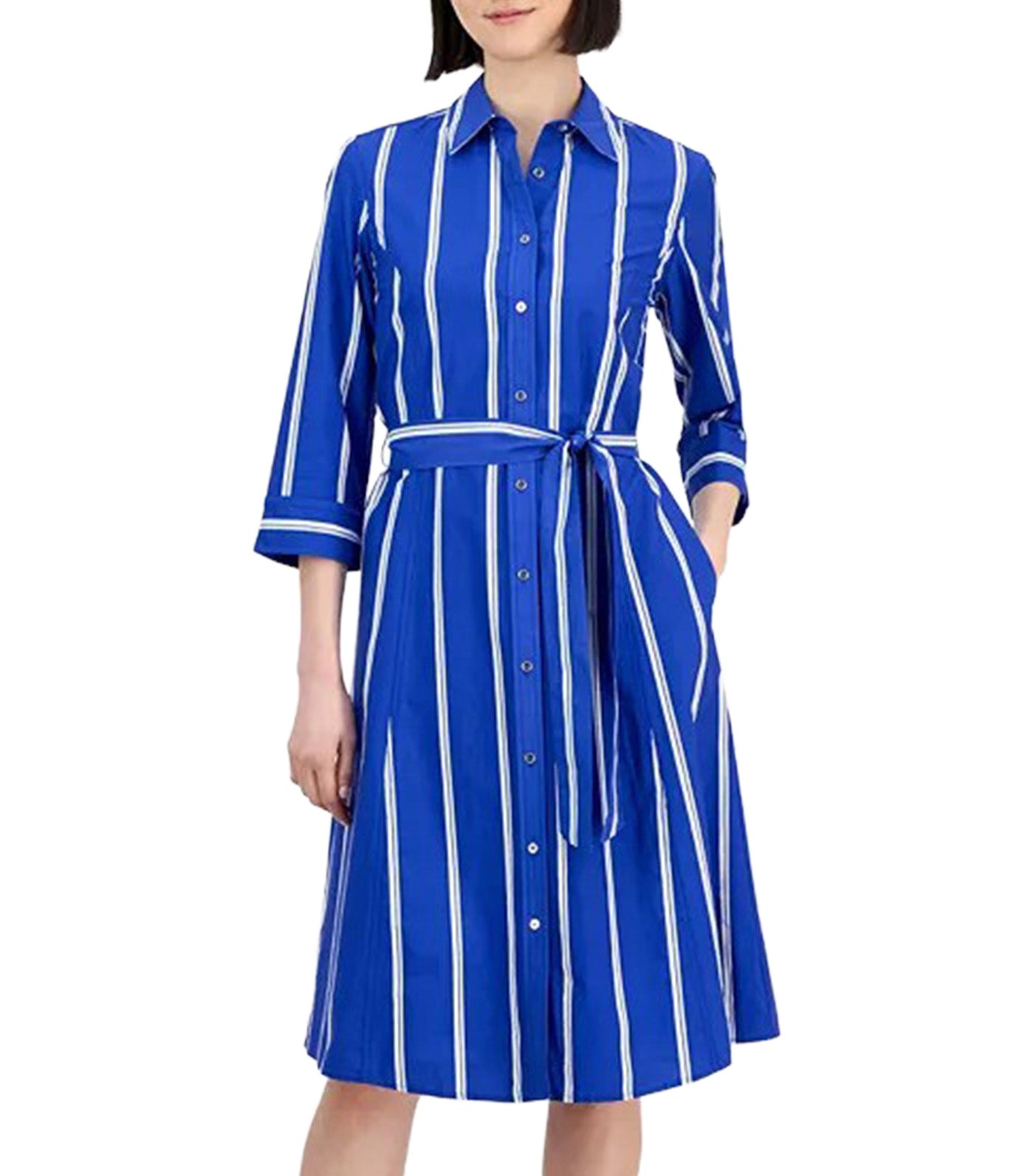 Three Quarter Sleeve Midi Dress Santorini Blue/Bright White
