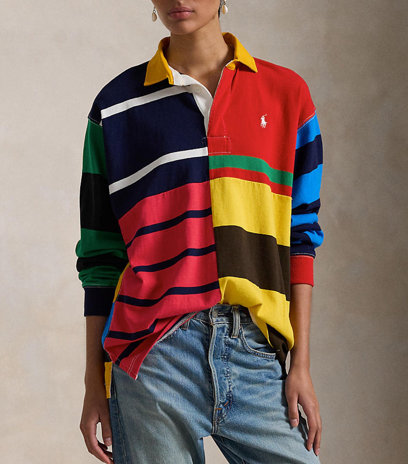 Women's Patchwork-Stripe Jersey Rugby Shirt Multi Stripe