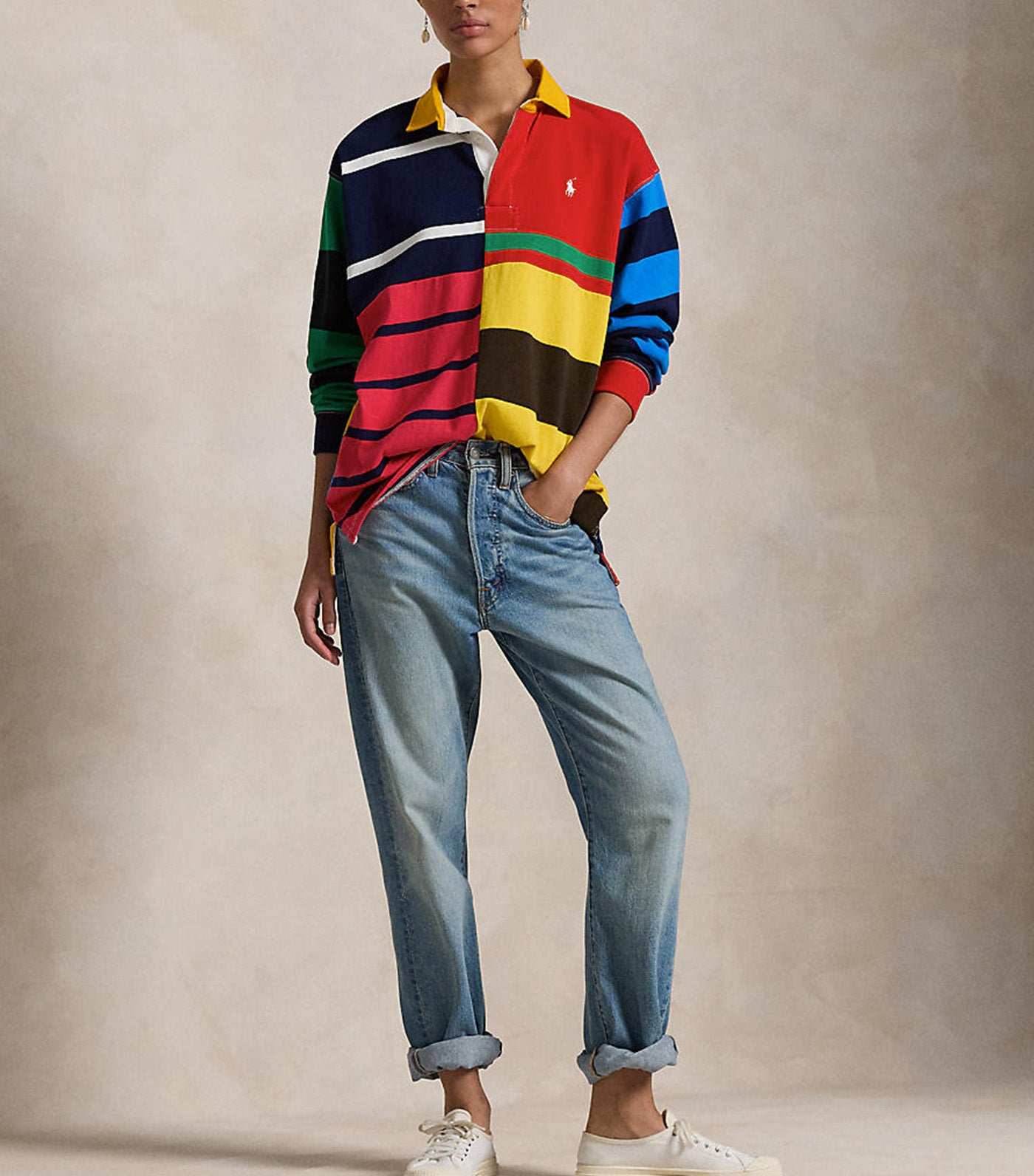 Women's Patchwork-Stripe Jersey Rugby Shirt Multi Stripe