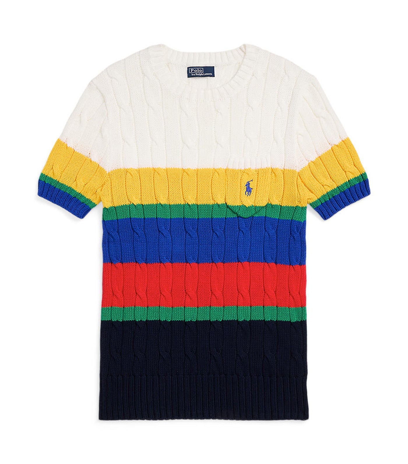 Women's Striped Cable Short-Sleeve Sweater Blue Saturn Multi