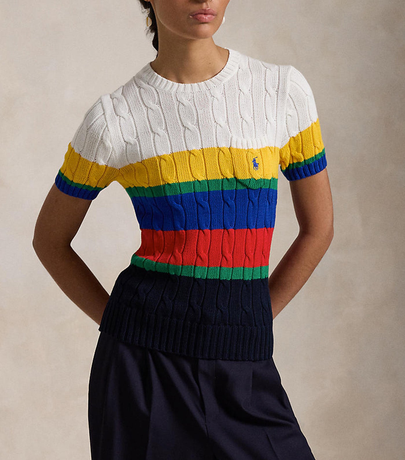 Women's Striped Cable Short-Sleeve Sweater Blue Saturn Multi