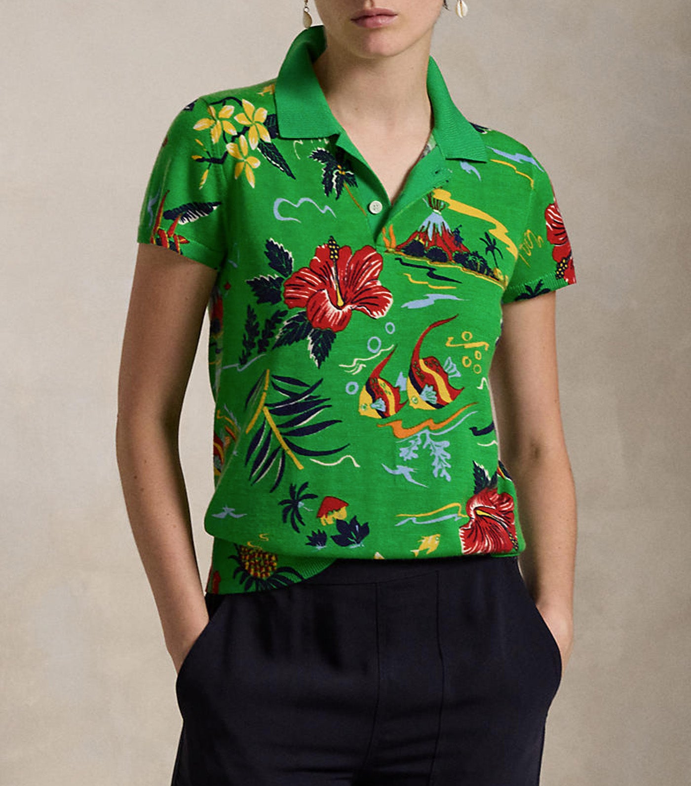 Women's Floral Knit Wool Polo Shirt Green Multi