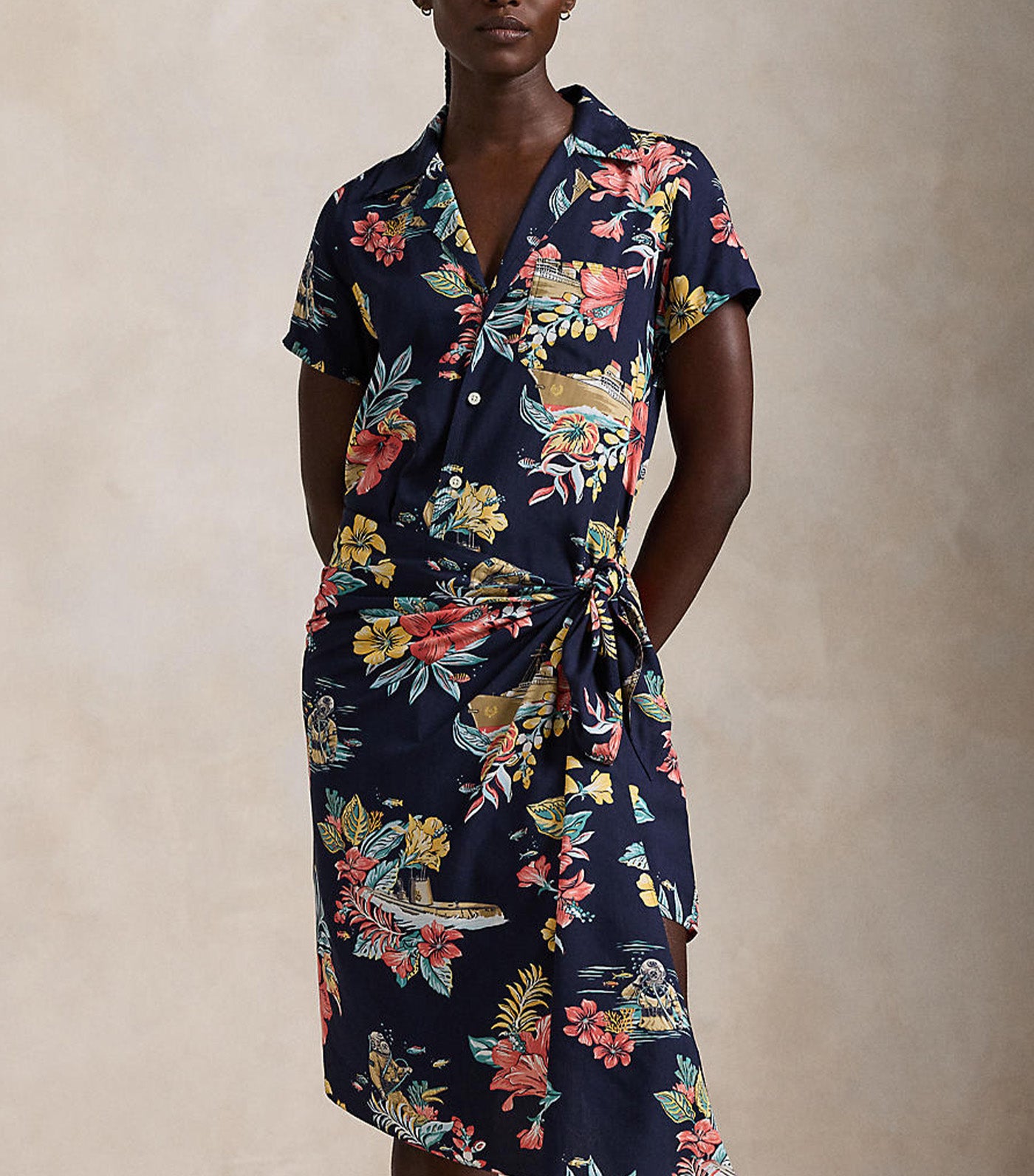 Women's Floral Faux-Wrap Shirtdress Coastal Bloom