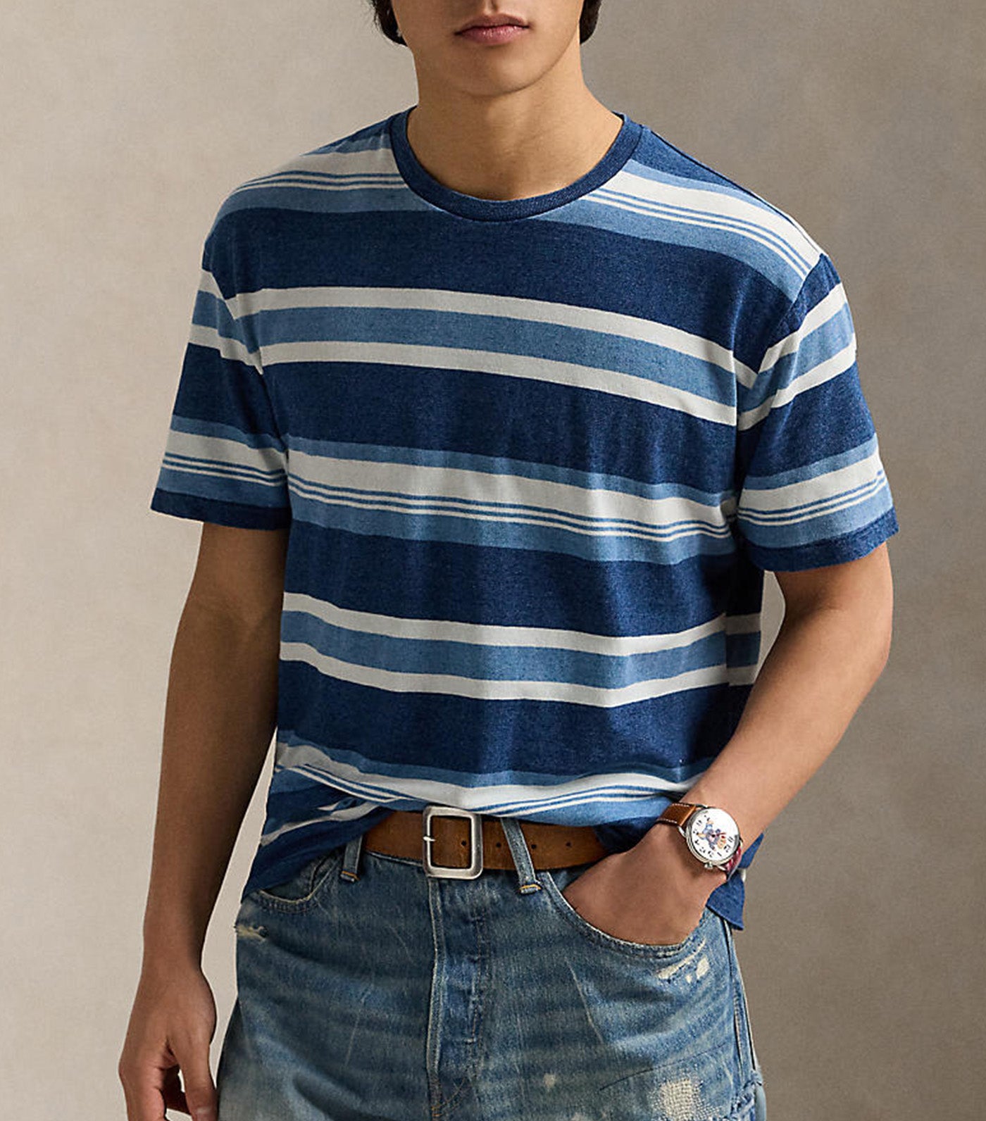 Men's Classic Fit Striped Cotton-Linen T-Shirt Dark Indigo Ombre