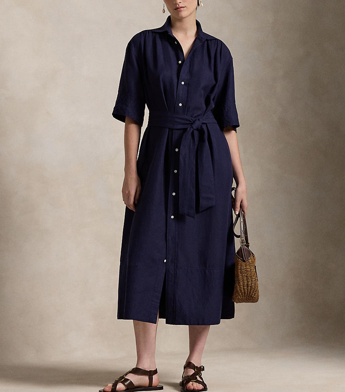 Women's Belted Silk-Blend Shirtdress New Navy