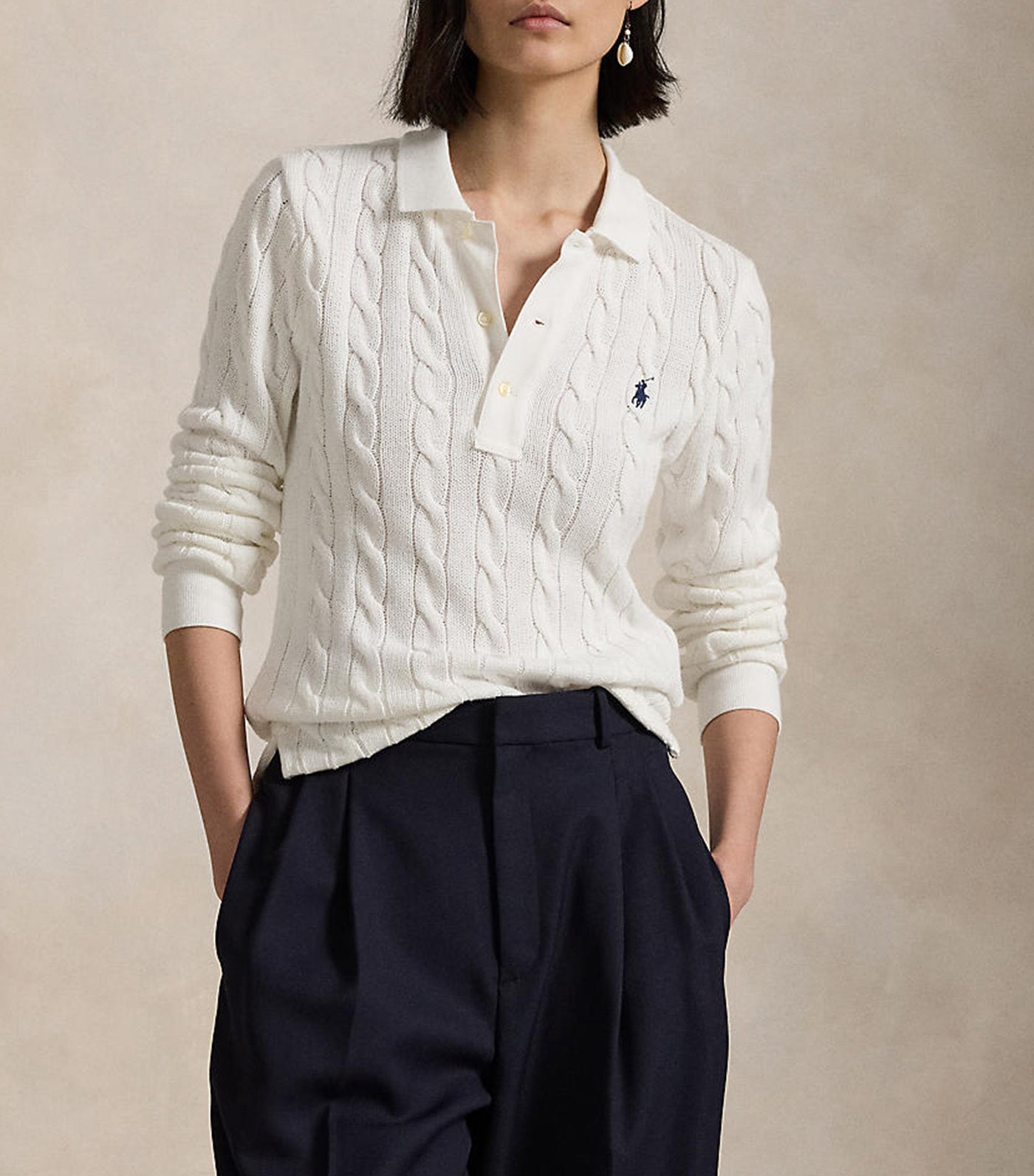 Women's Cable-Knit Cotton Long-Sleeve Polo Shirt White