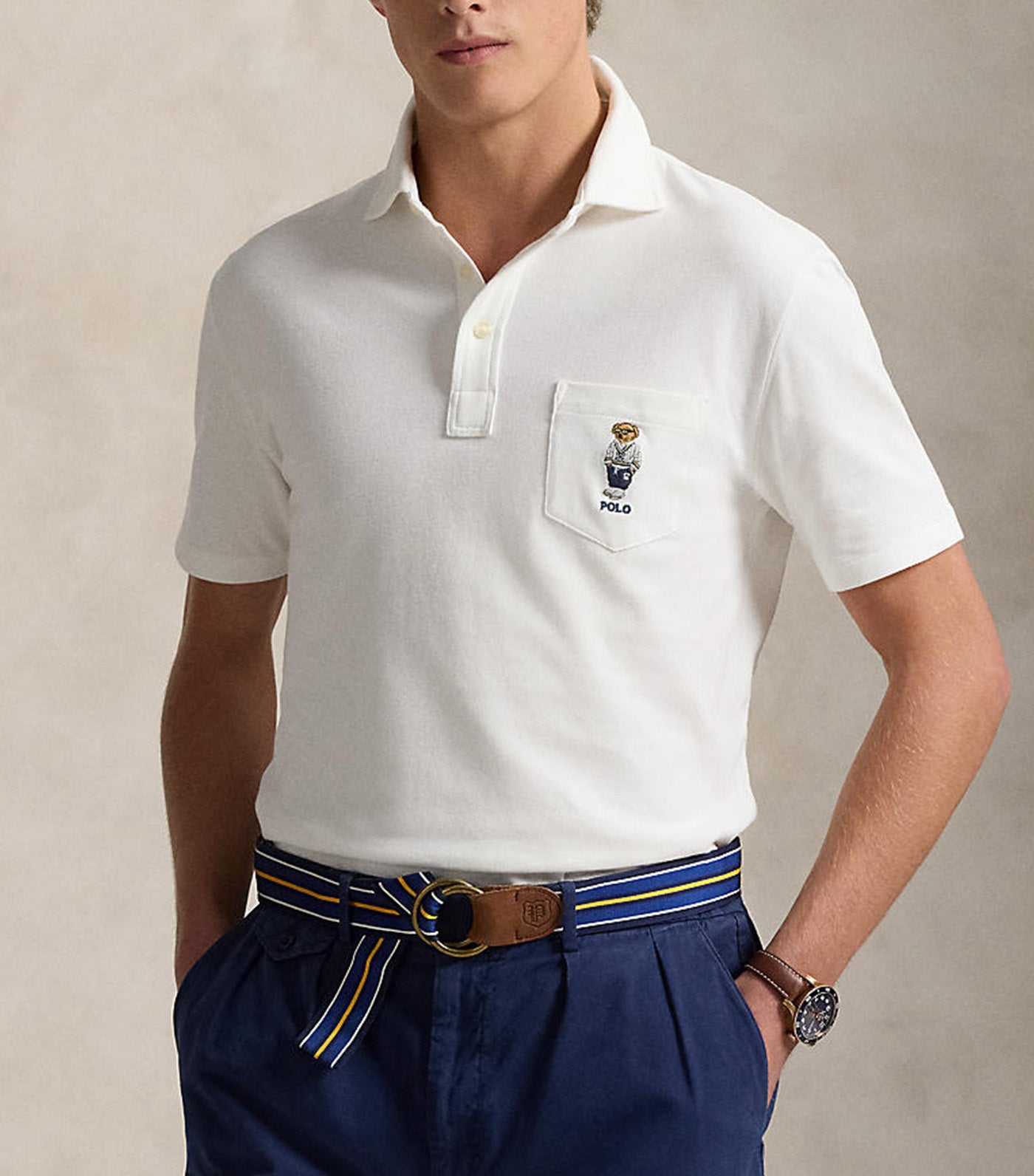 Men's Custom Slim Polo Bear Mesh Polo Shirt White Heritage Icons Bear