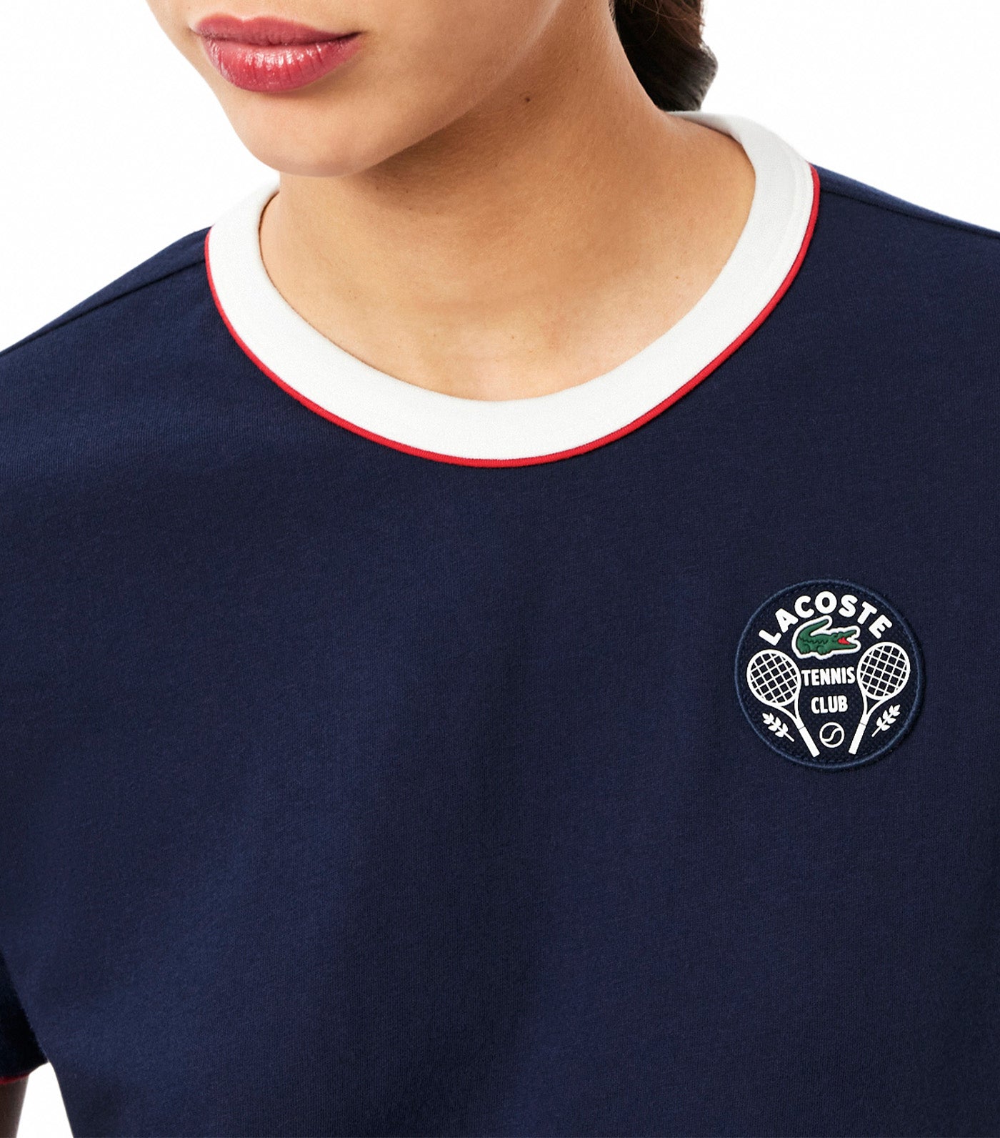 Lacoste Women's Ultra Dry Tennis Heritage Badge T-Shirt Navy Blue/Flour