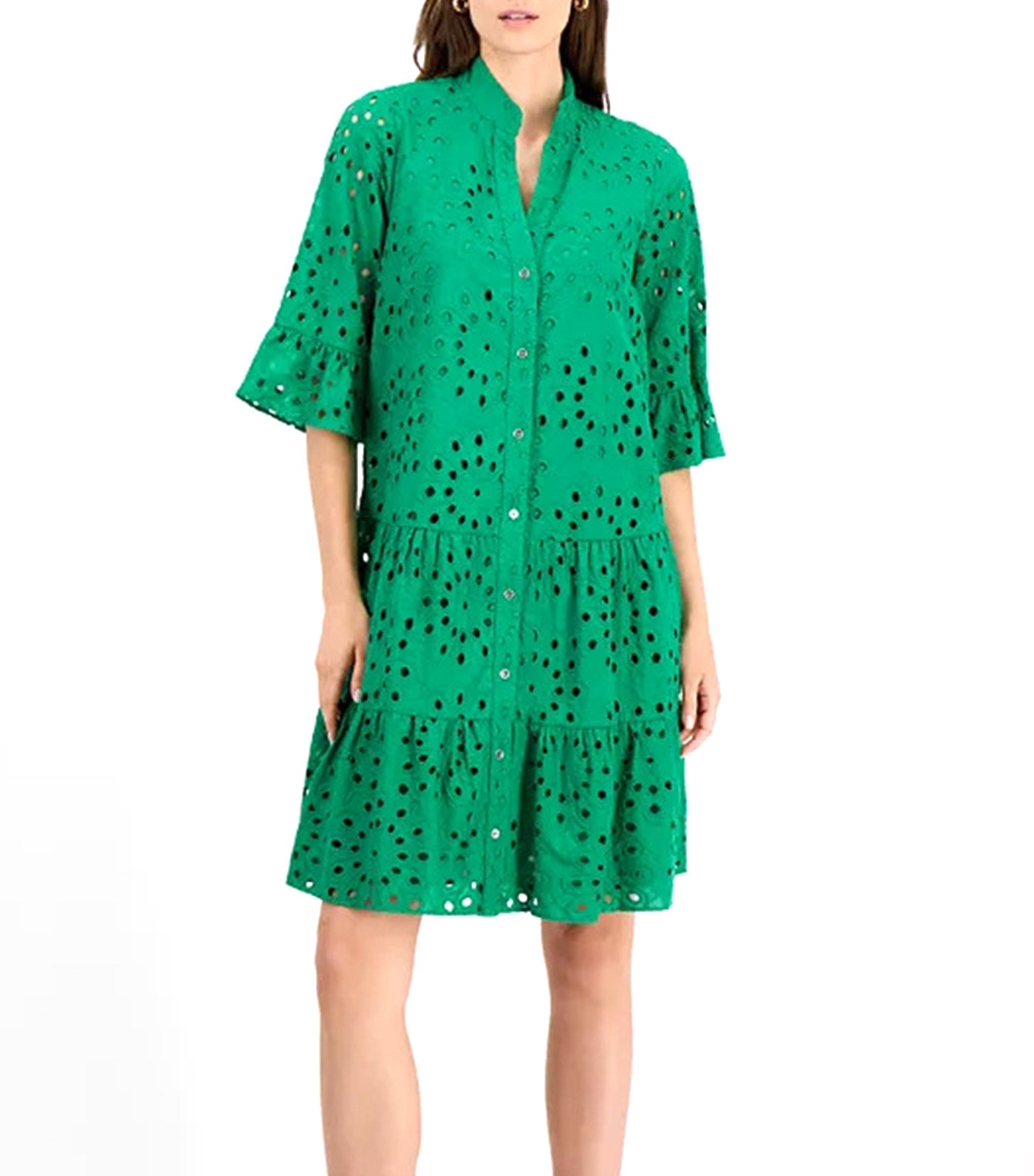 Women's Eyelet Embroidered Cotton Flare-Sleeve Shirtdress Tropical Green