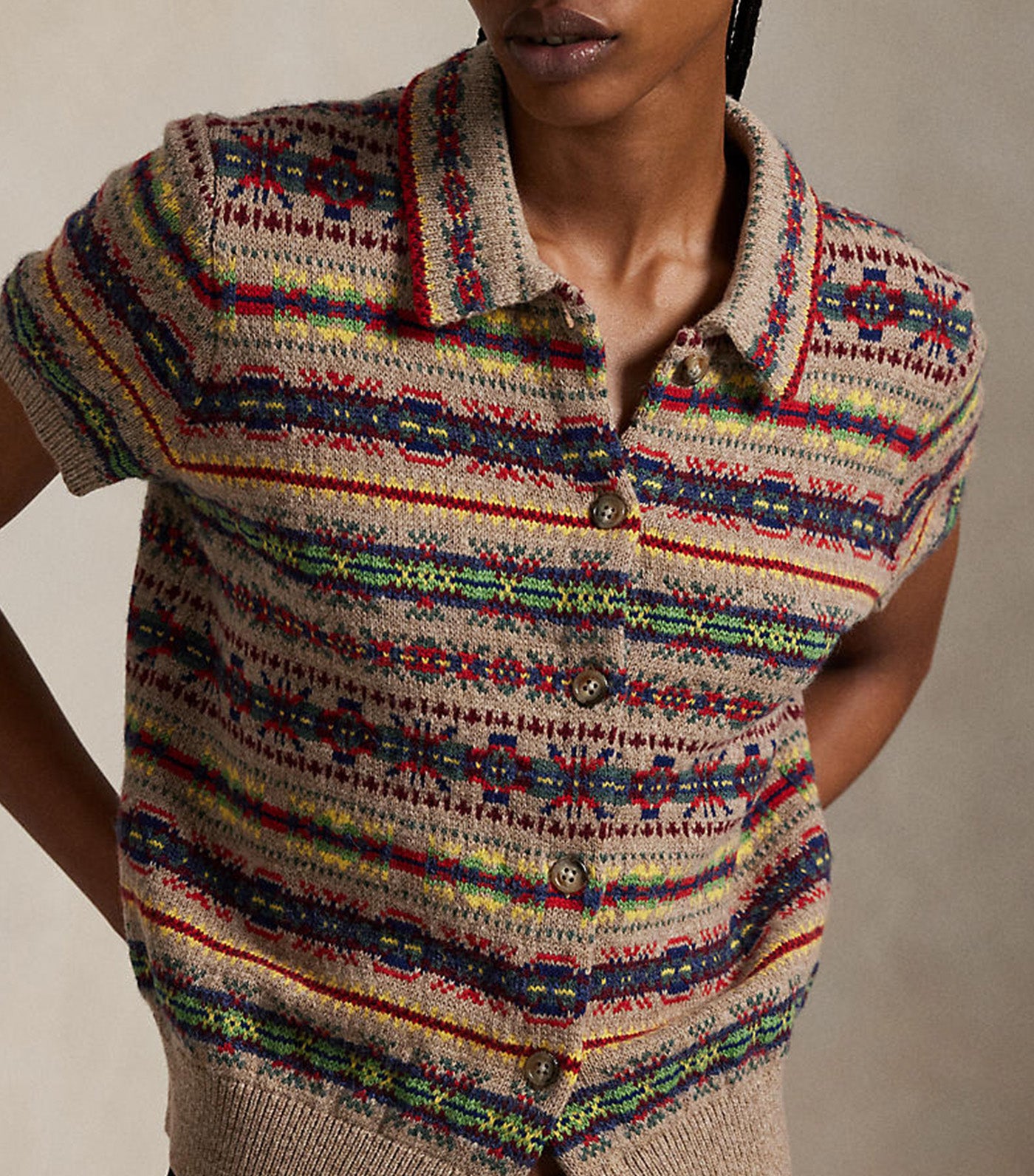 Fair Isle Short-Sleeve Cardigan Tan