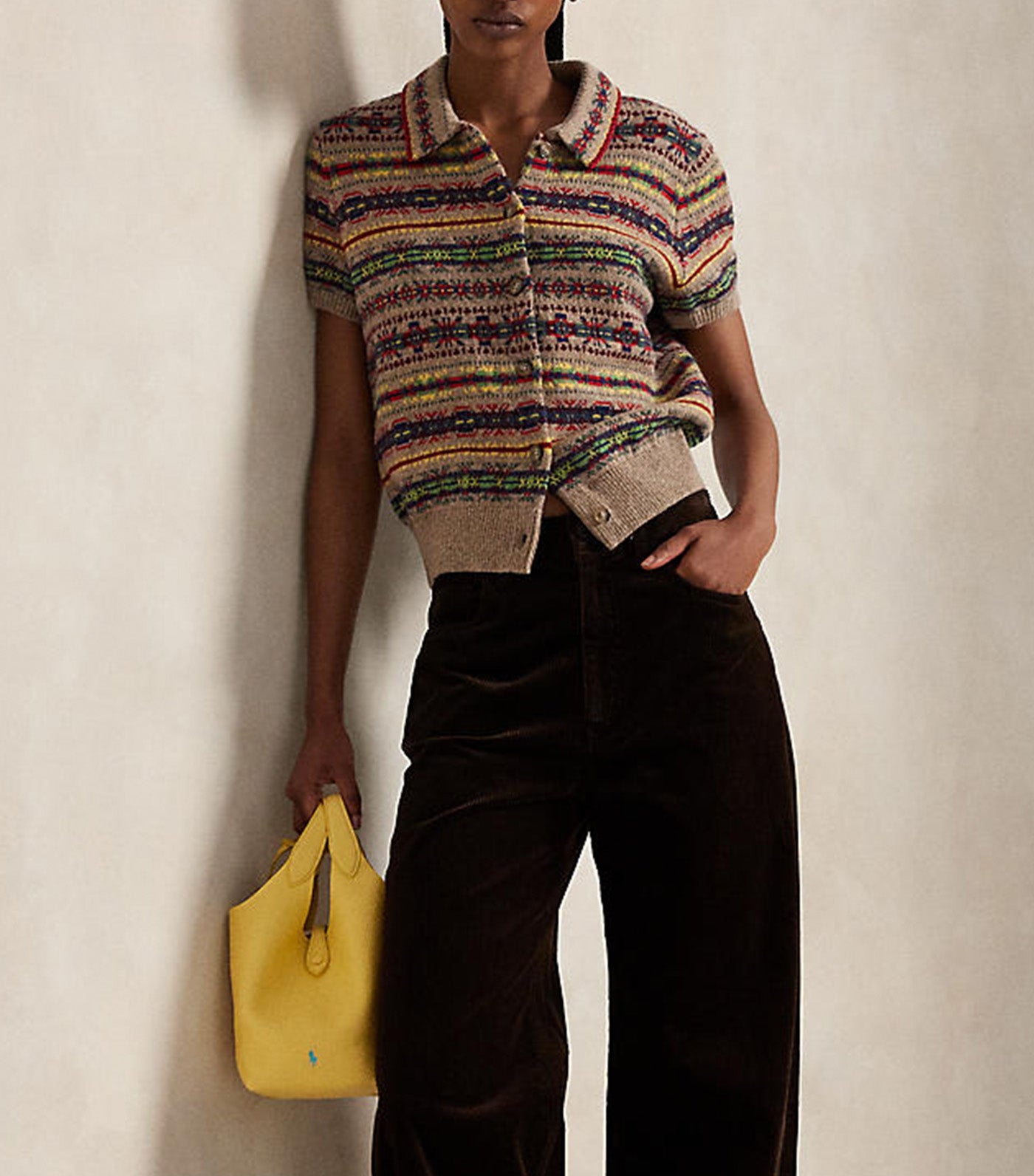 Fair Isle Short-Sleeve Cardigan Tan