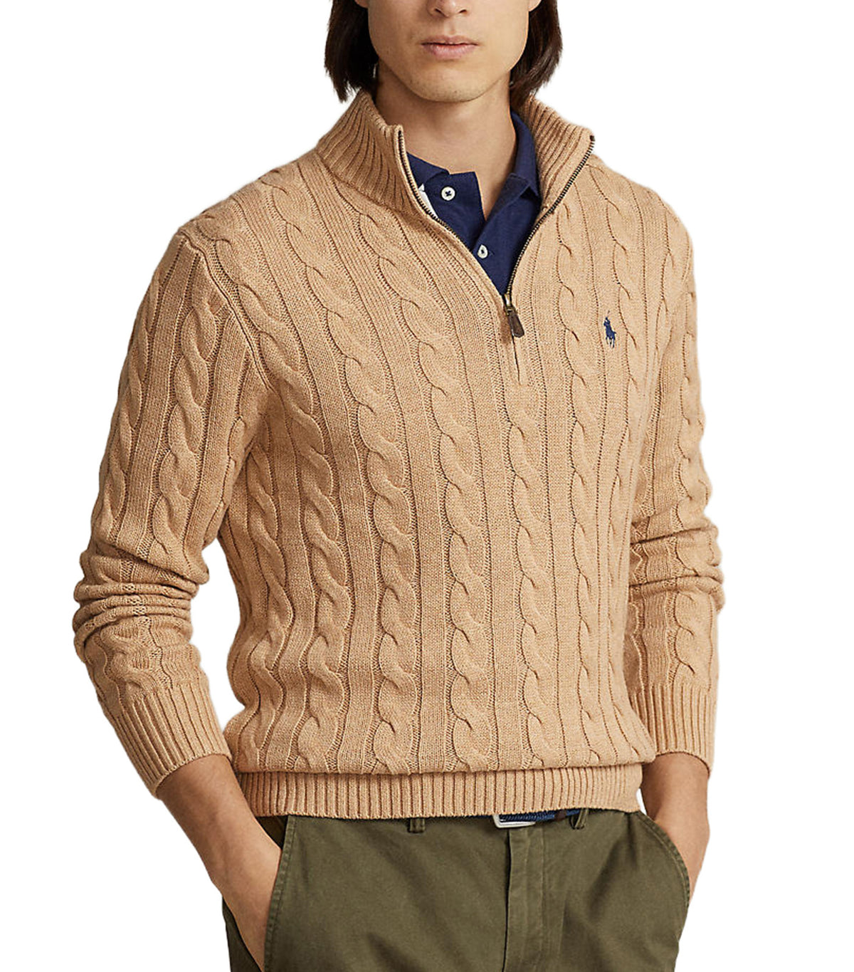 Lauren Men's Cable-Knit Cotton Quarter-Zip Sweater Brown