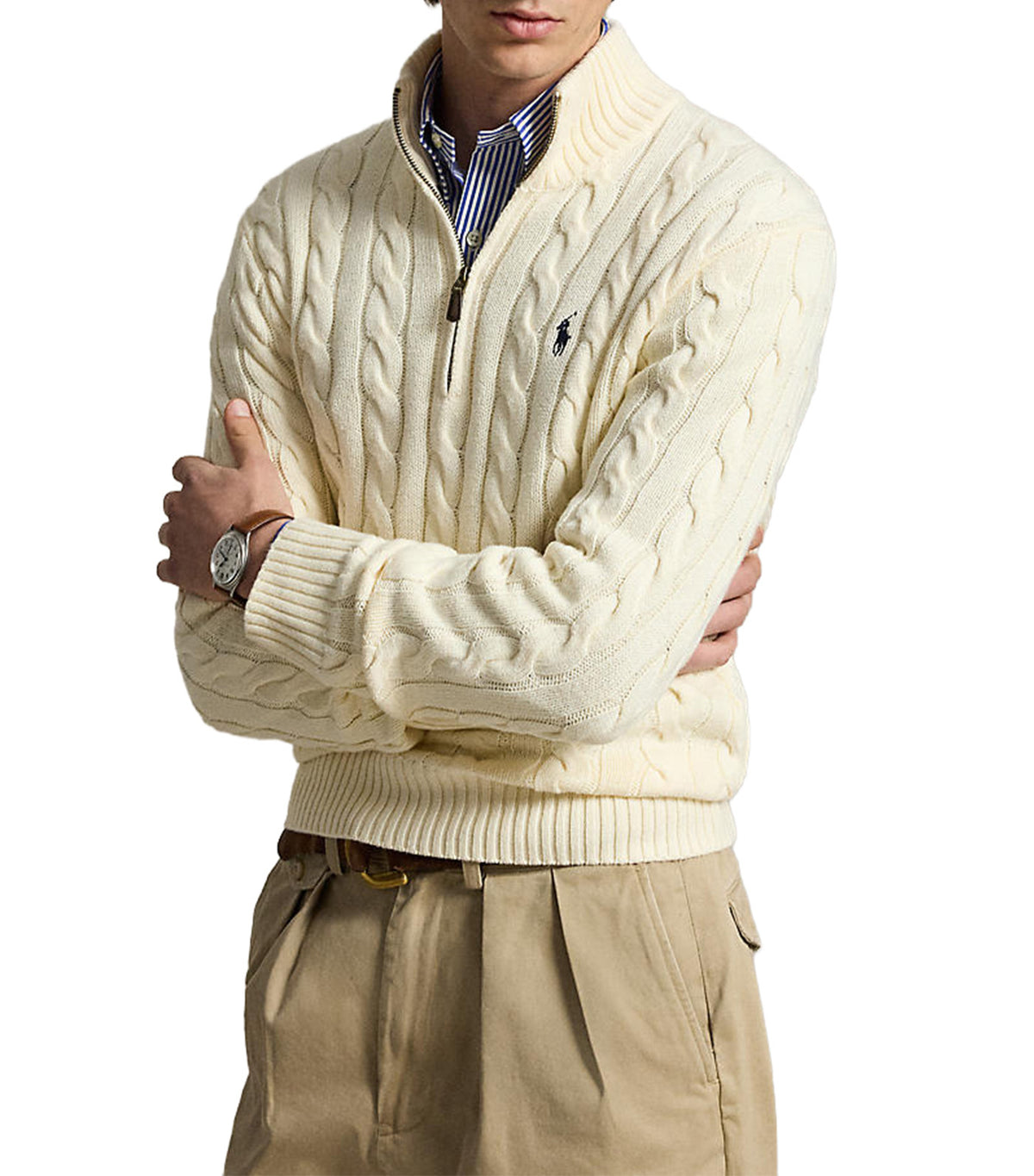 Men's Cable-Knit Cotton Quarter-Zip Sweater Cream
