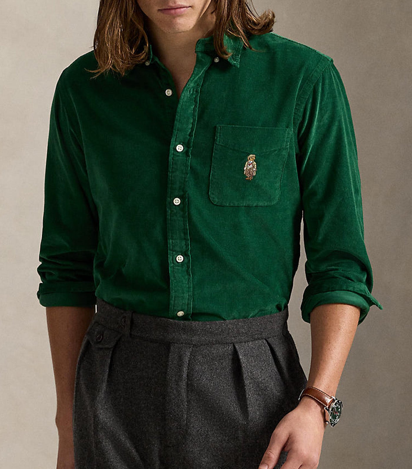 Men's Custom Fit Polo Bear Corduroy Shirt Green