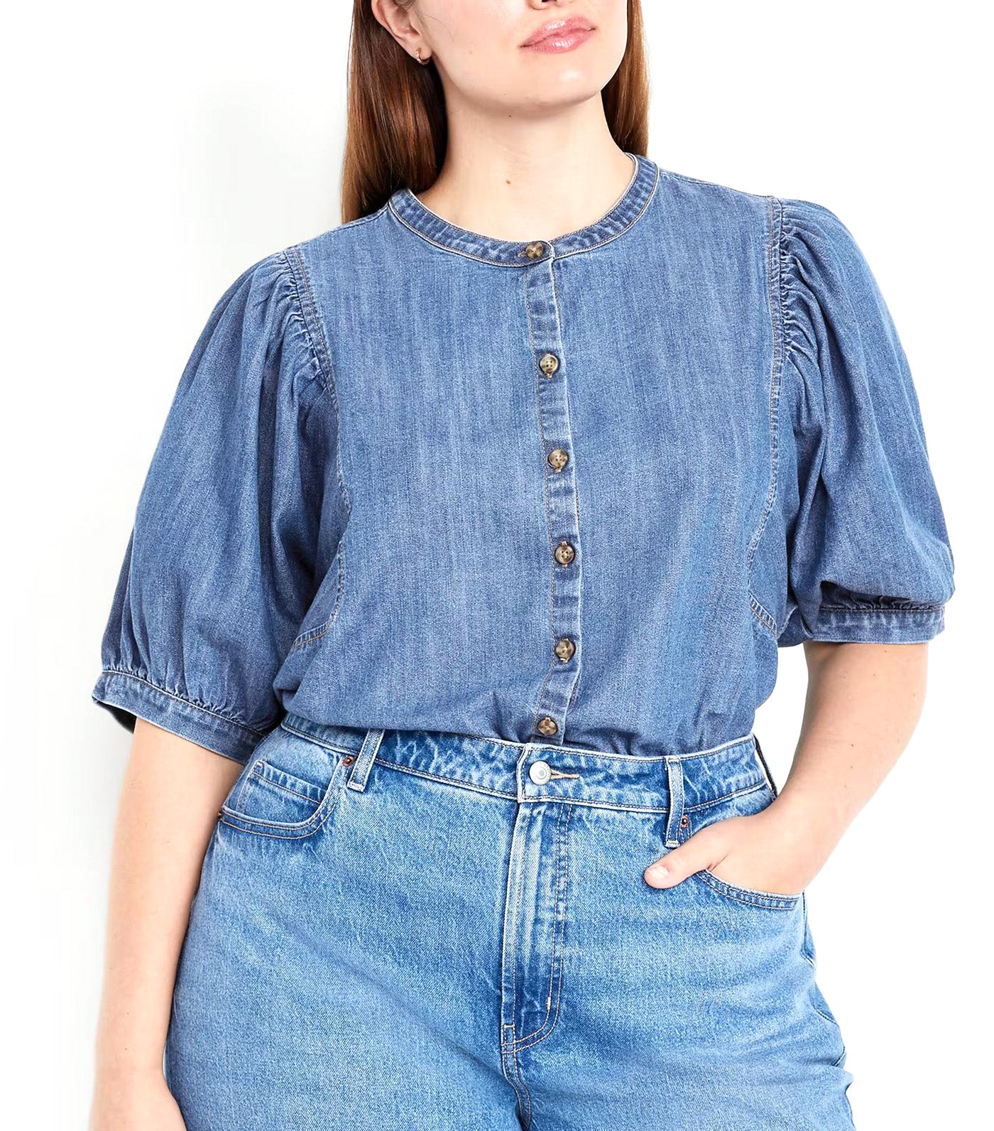 Old Navy Puff-Sleeve Button-Down Cropped Shirt Medium Wash
