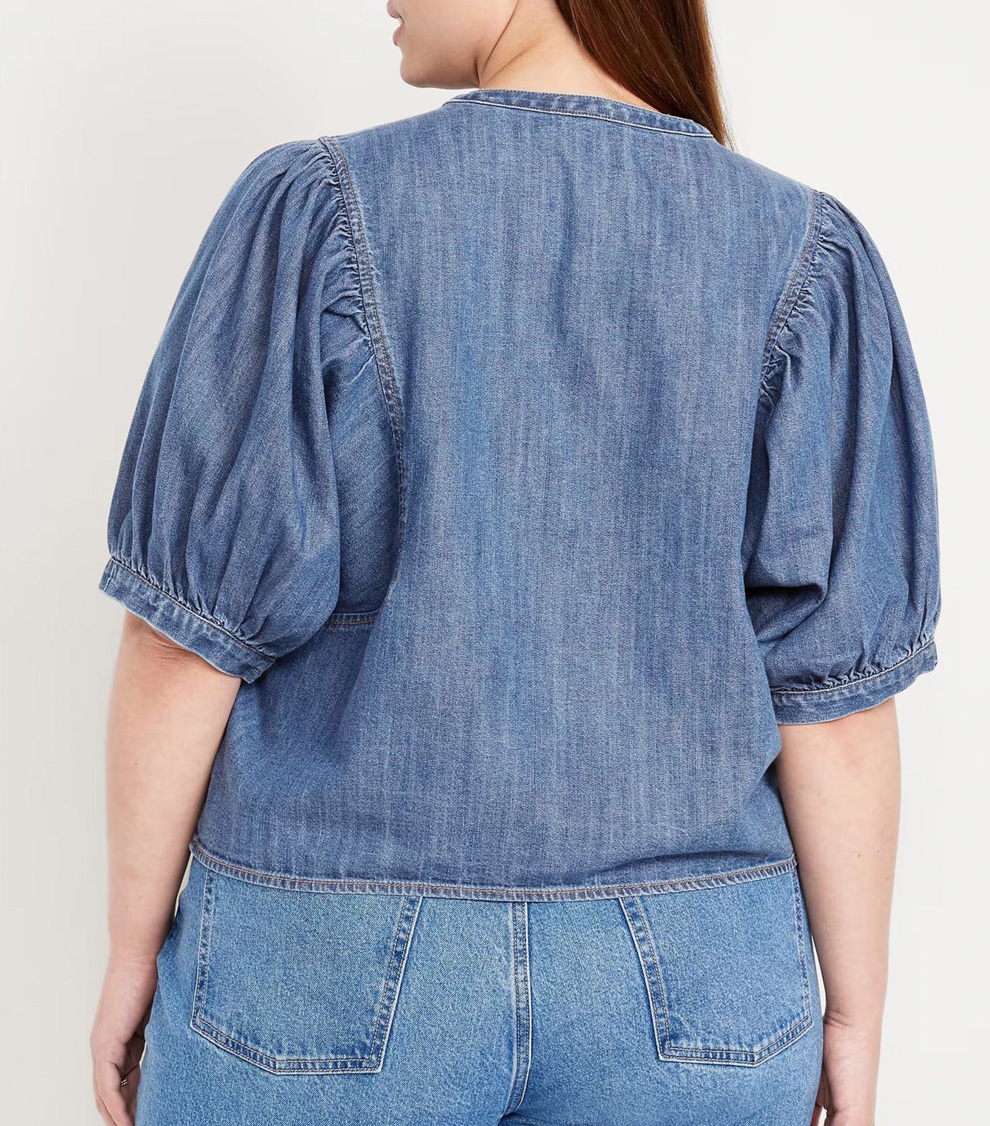 Old Navy Puff-Sleeve Button-Down Cropped Shirt Medium Wash