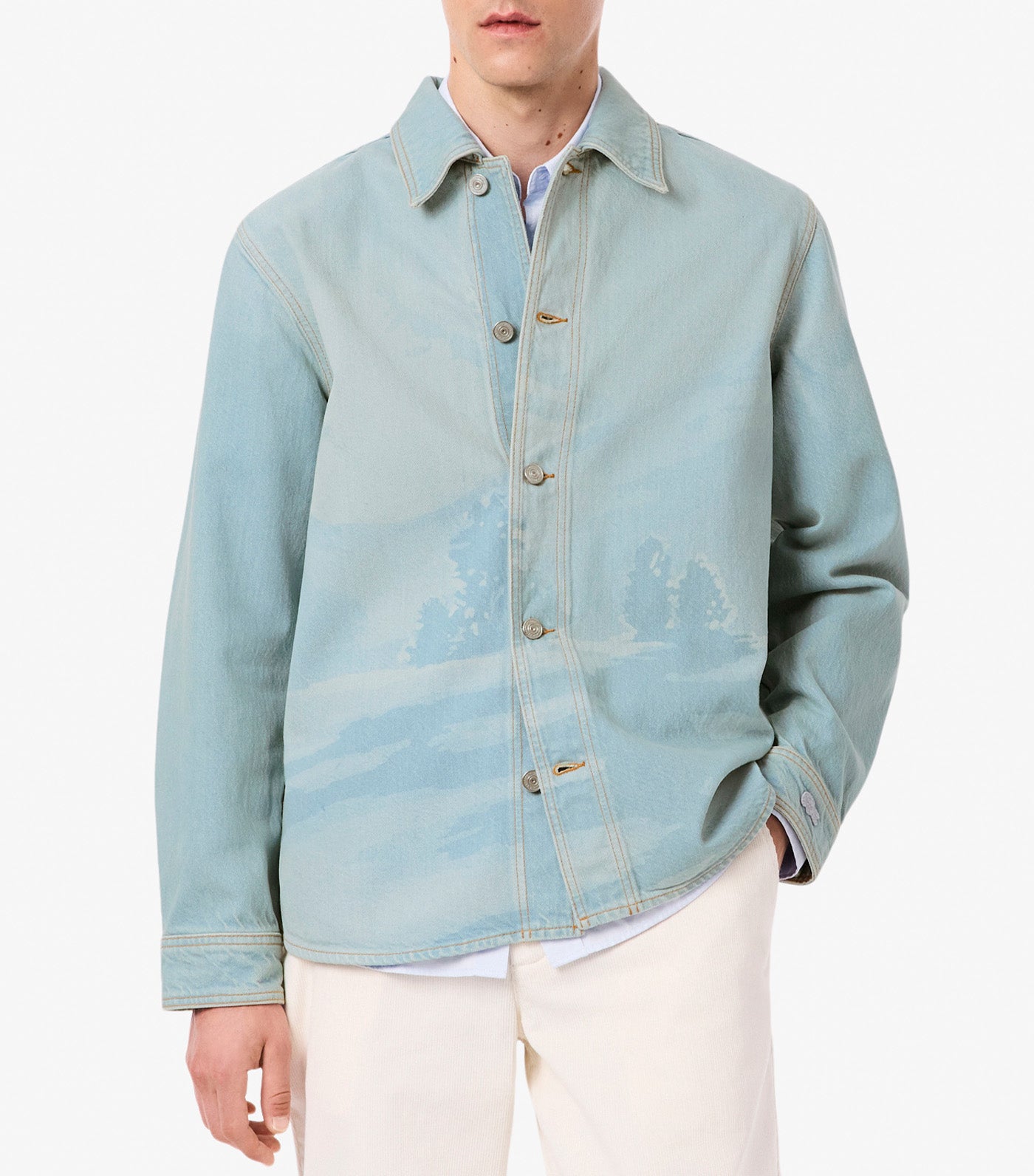Landscape Motif Denim Overshirt Washed Bleach
