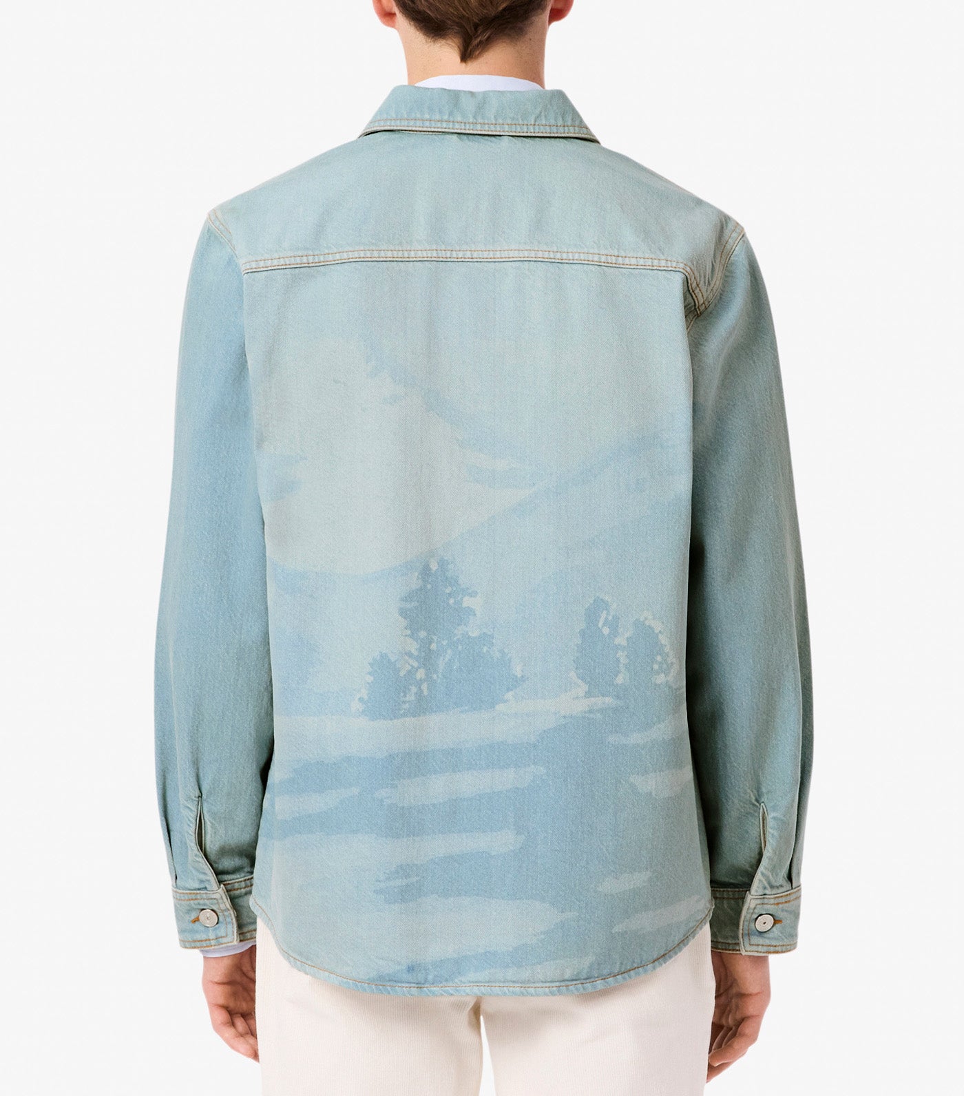 Landscape Motif Denim Overshirt Washed Bleach
