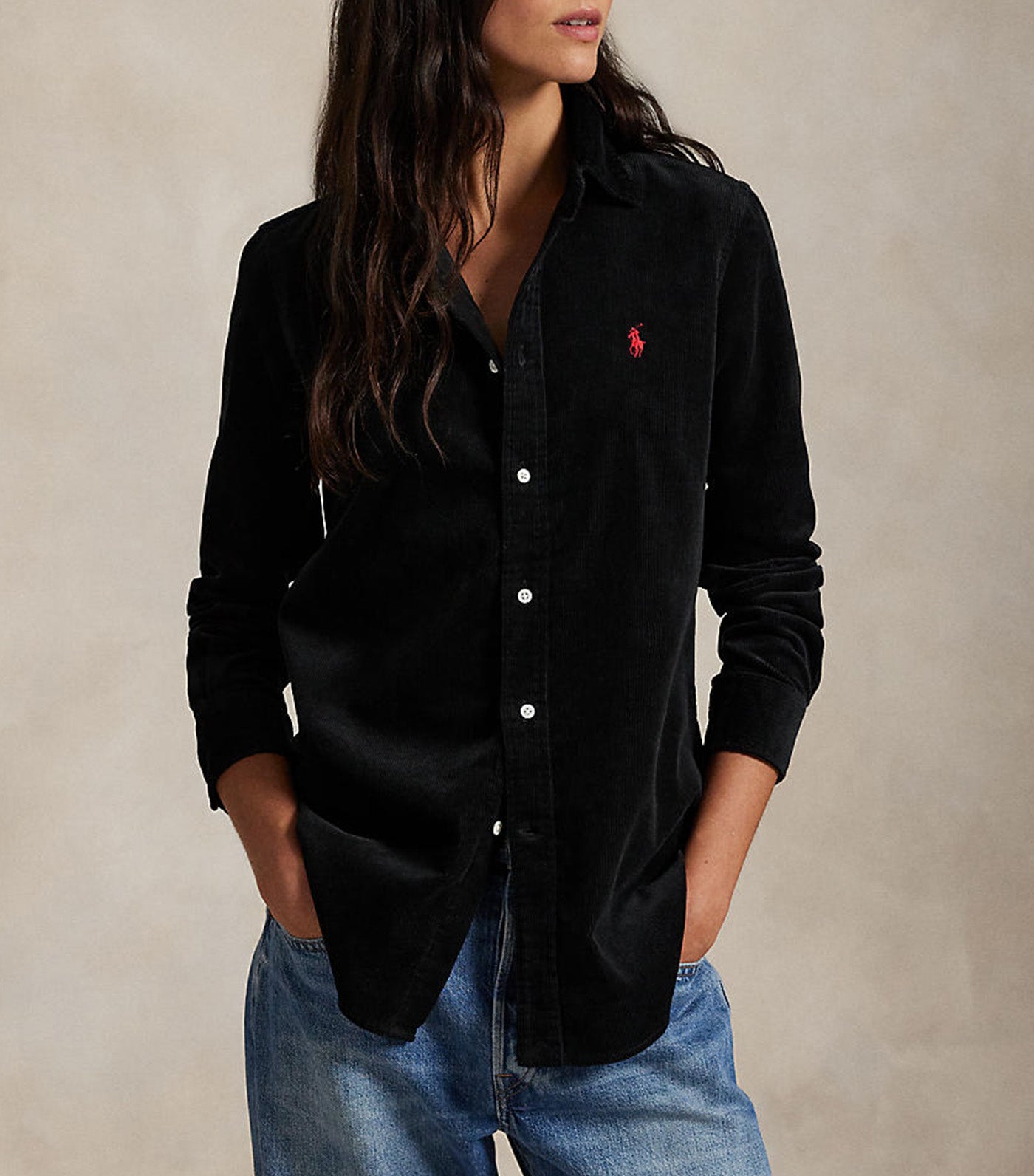 Stretch Slim Fit Cotton Corduroy Shirt Black