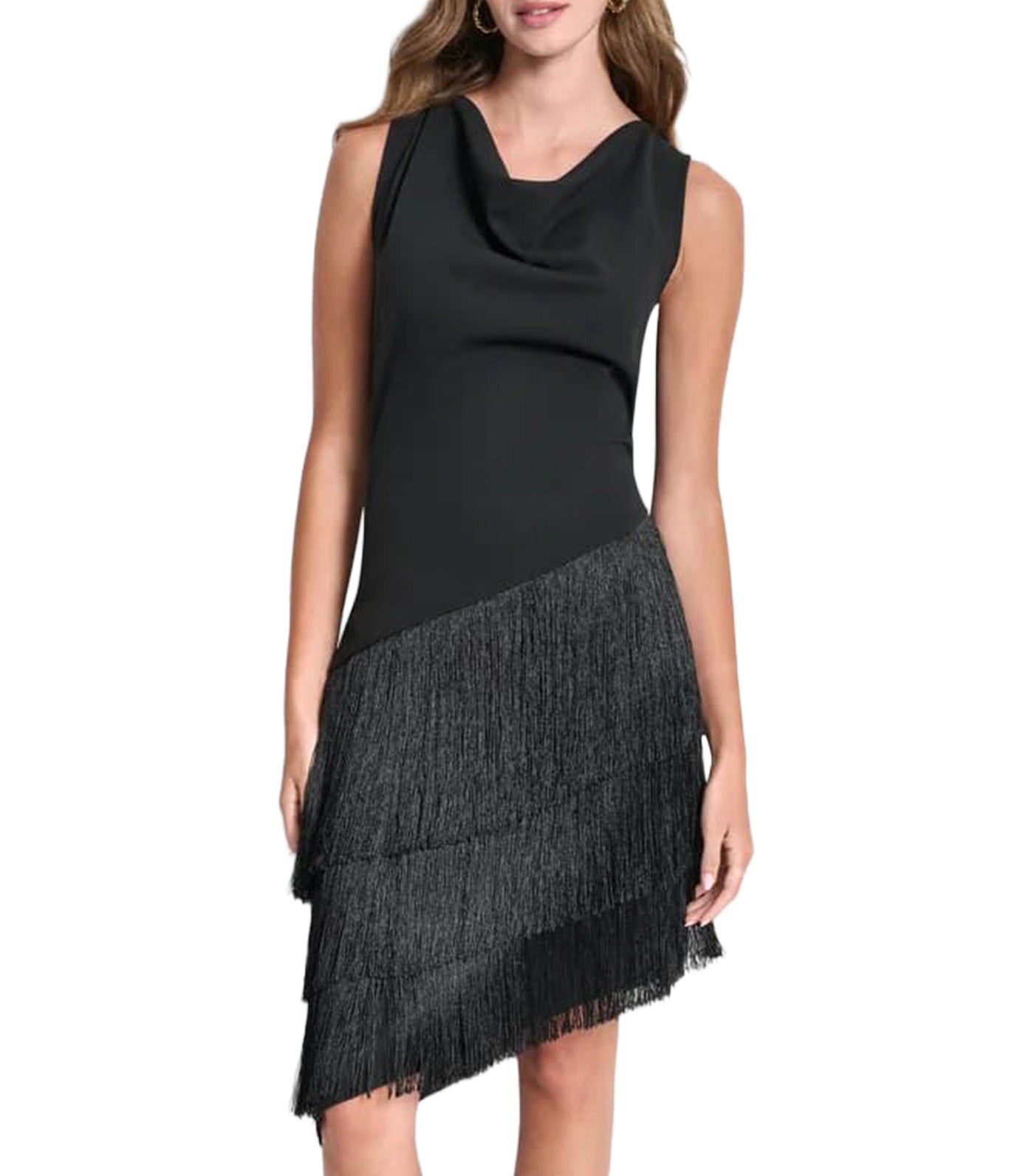 Cowl Neck Asymmetric Fringe Dress Black