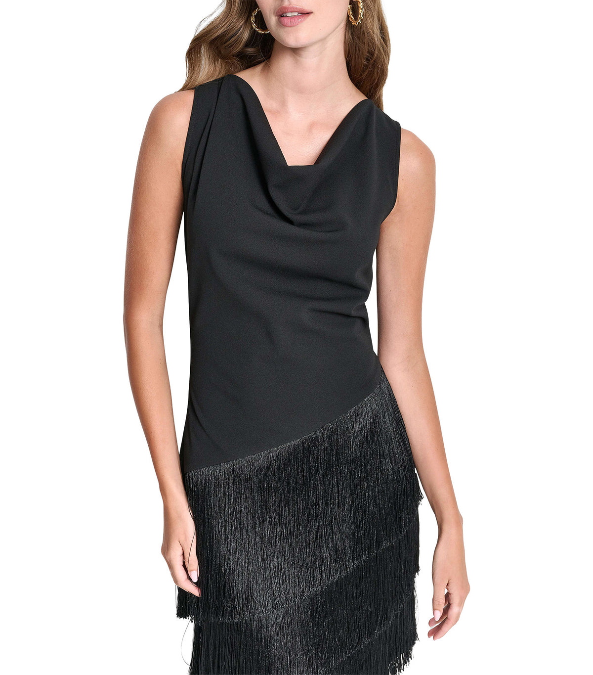 Cowl Neck Asymmetric Fringe Dress Black