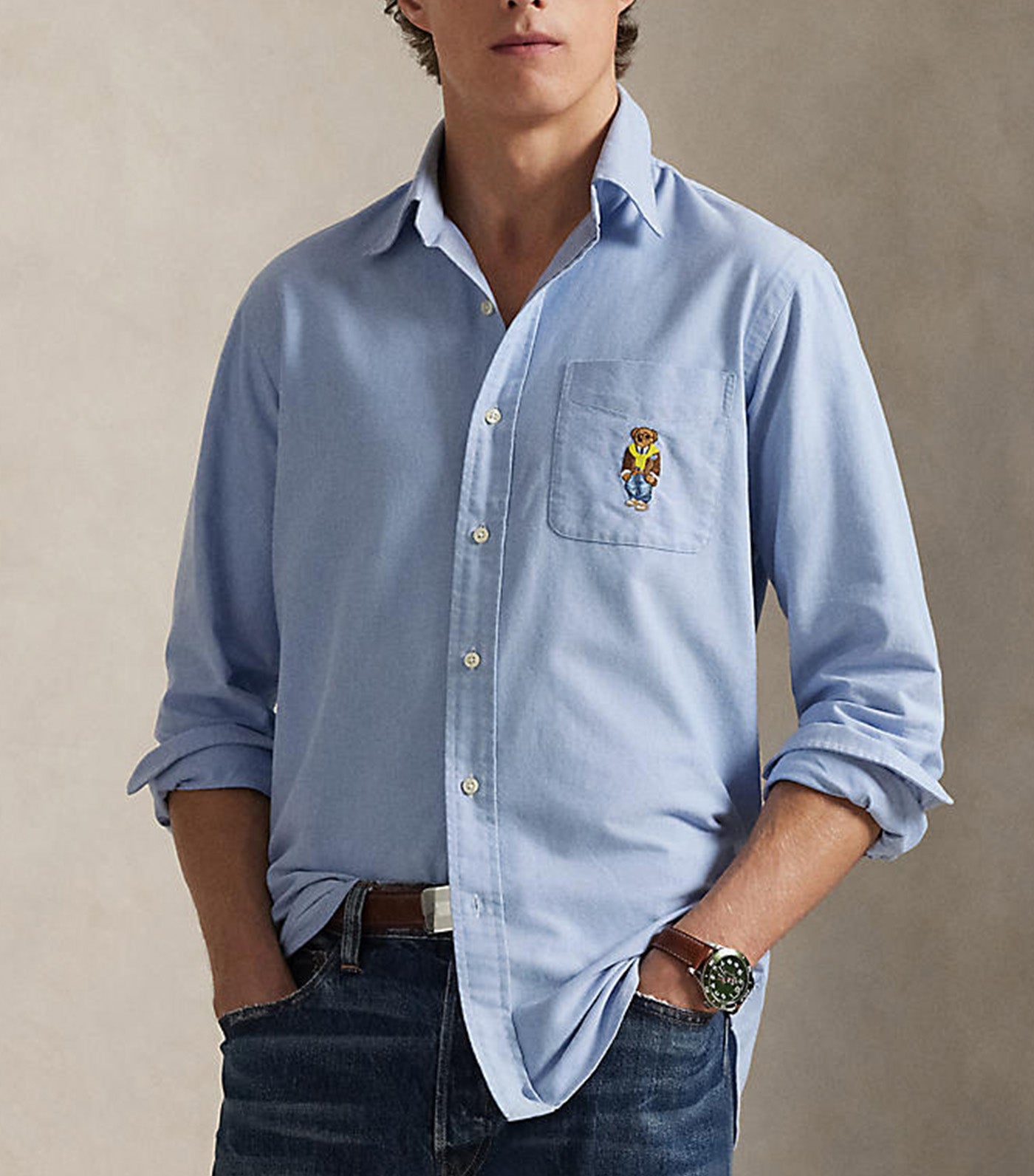 Men's Custom Fit Polo Bear Oxford Shirt Blue