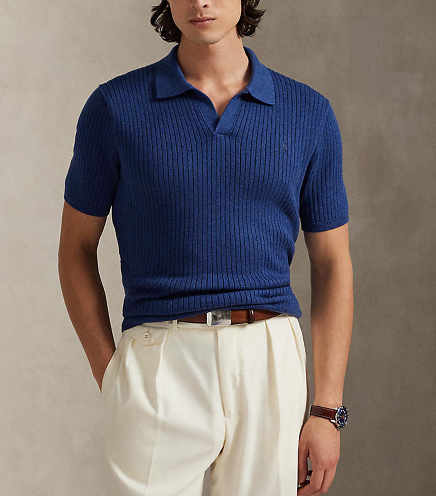Men's Rib-Knit Cotton Johnny-Collar Sweater