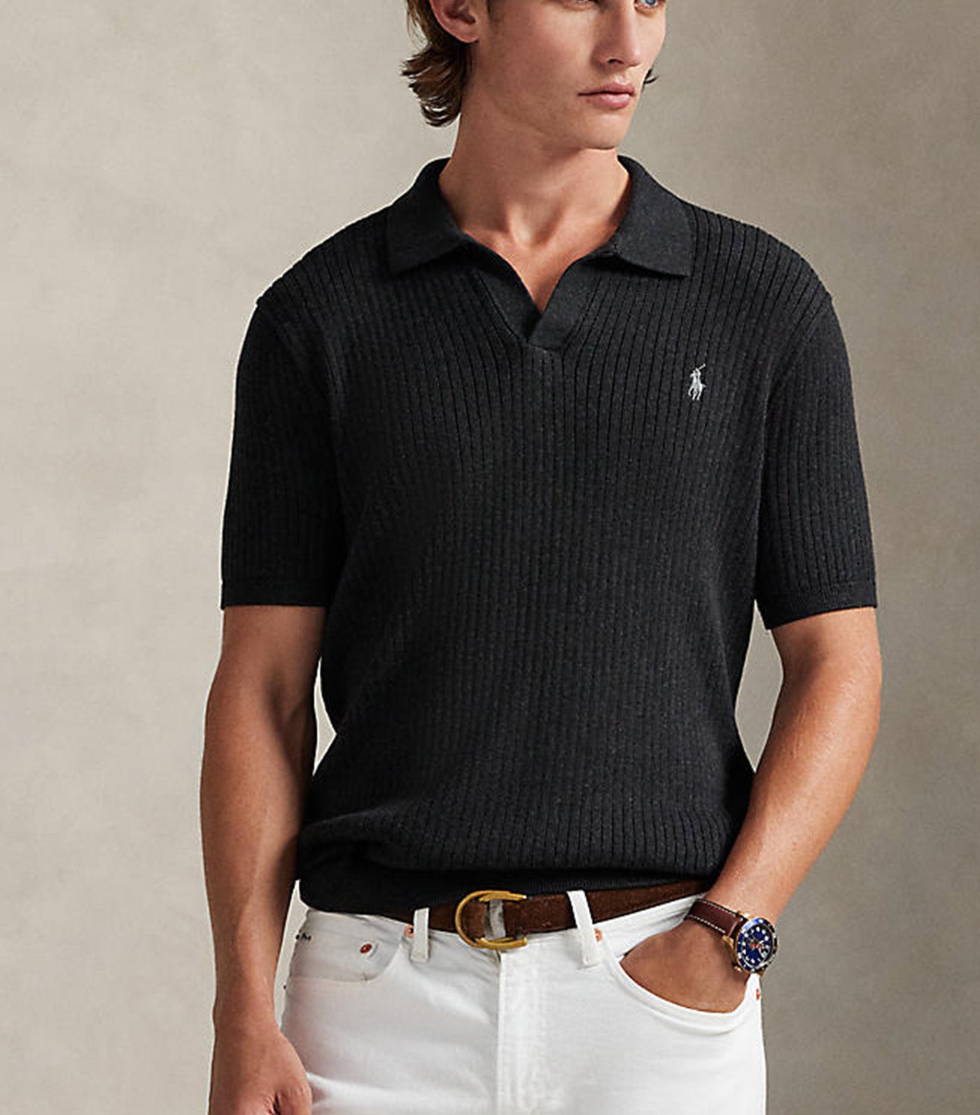 Men's Rib-Knit Cotton Johnny-Collar Sweater