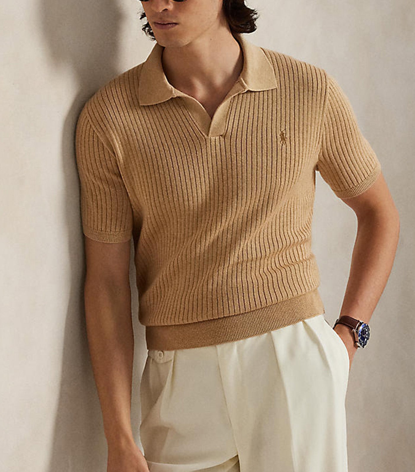Men's Rib-Knit Cotton Johnny-Collar Sweater