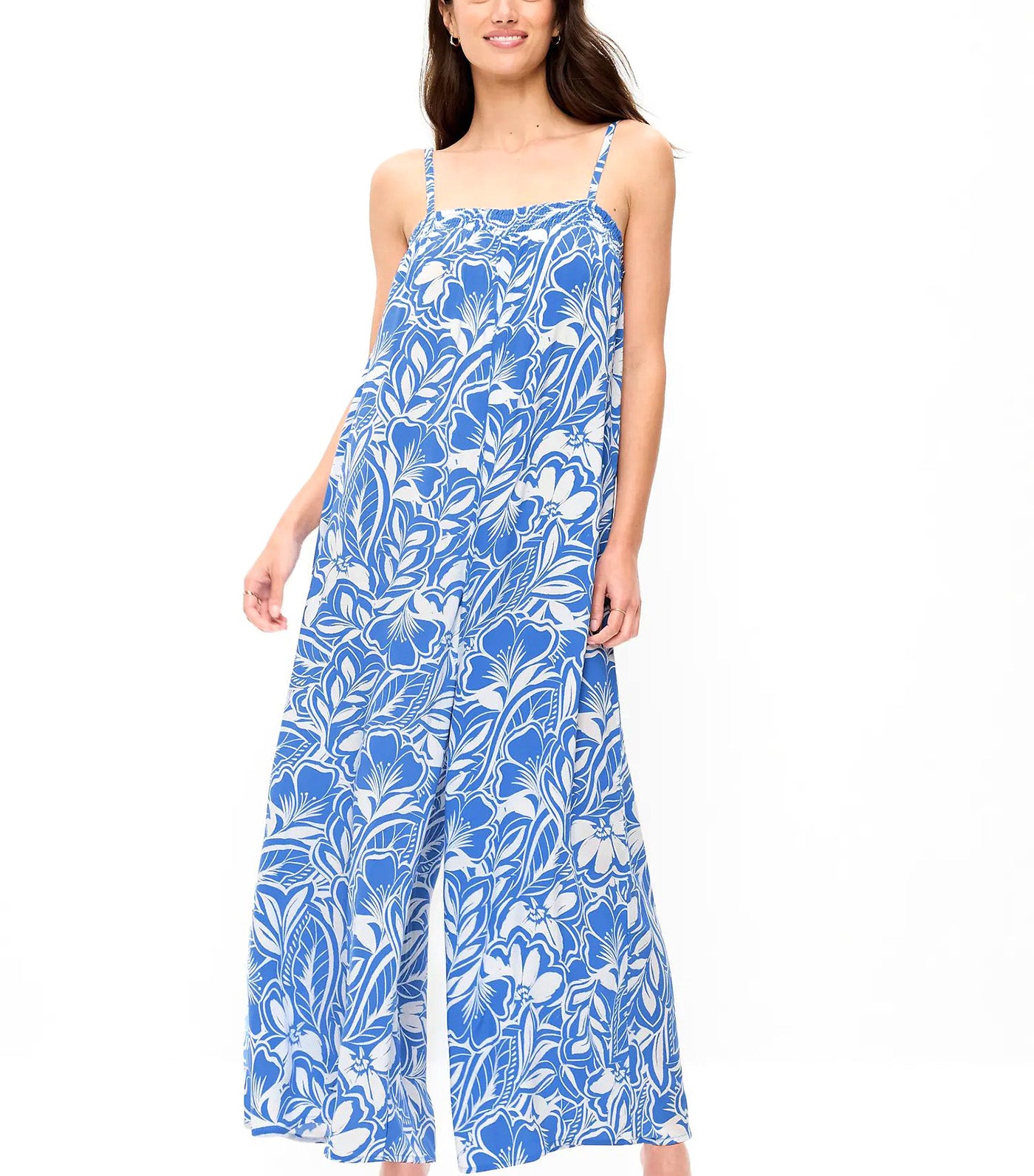 Old Navy Airy Smocked Jumpsuit Large Blue Floral 