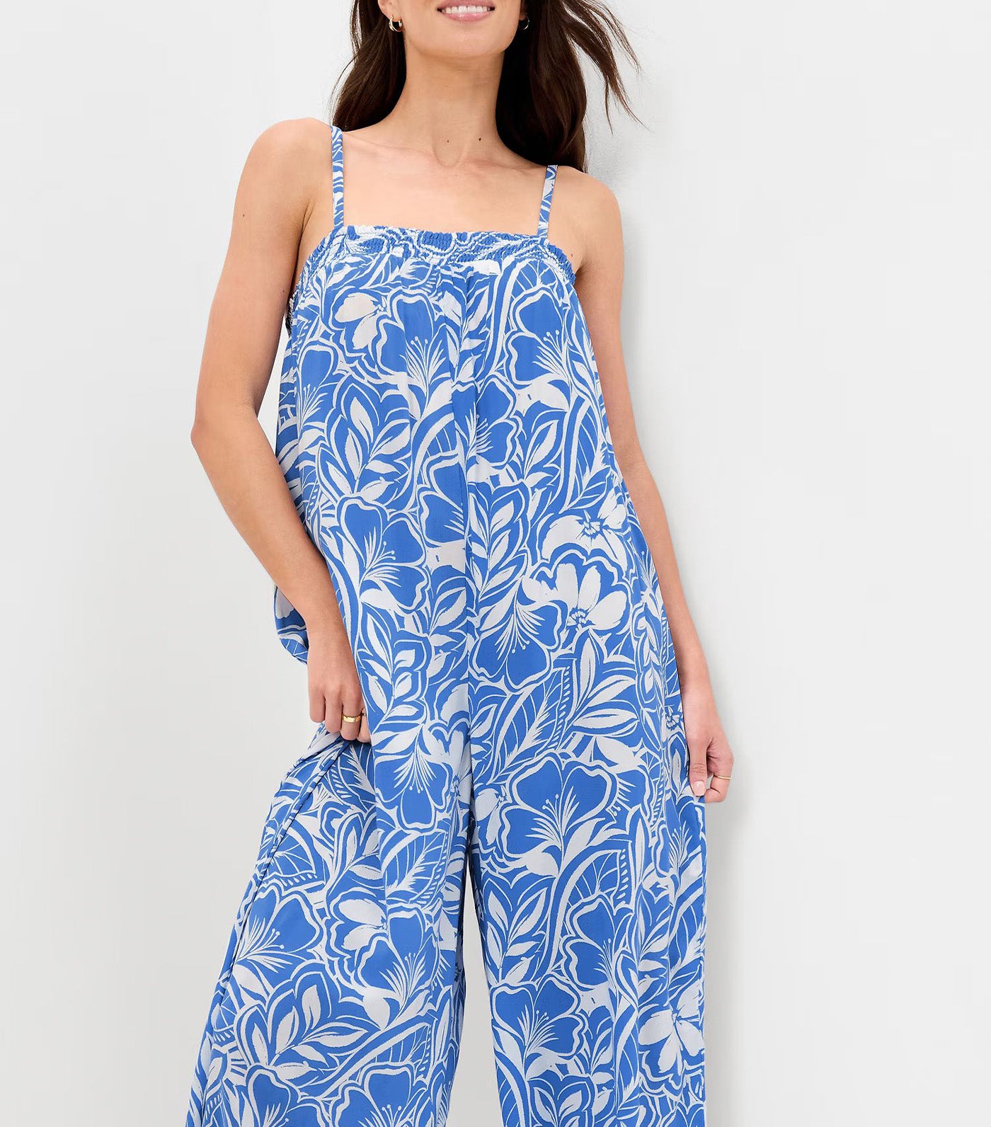 Old Navy Airy Smocked Jumpsuit Large Blue Floral 